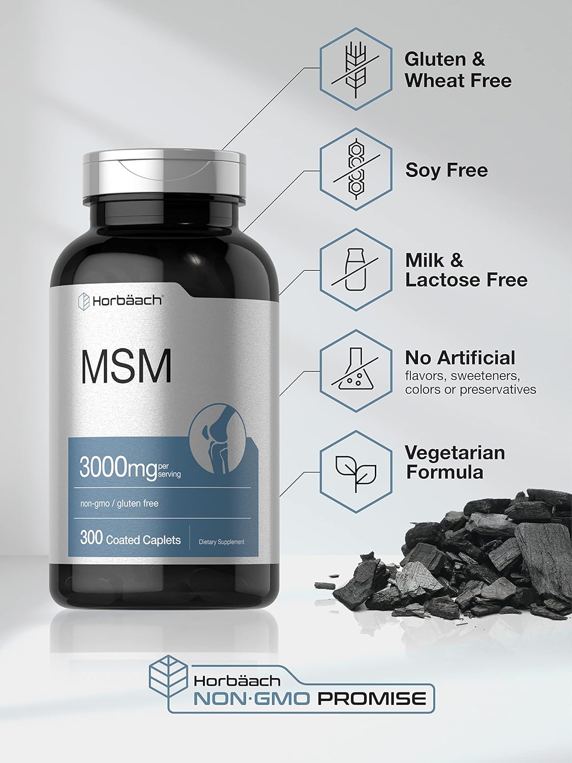 300 Coated Caplets of Vegetarian MSM Supplement with 3000mg Methylsulfonylmethane & Calcium - Non-GMO & Gluten Free