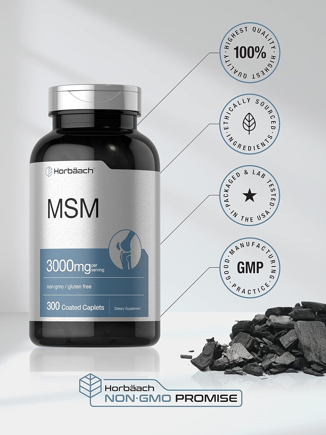 300 Coated Caplets of Vegetarian MSM Supplement with 3000mg Methylsulfonylmethane & Calcium - Non-GMO & Gluten Free