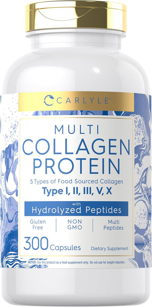 300 Count Carlyle Multi Collagen Protein Capsules 2000mg | Type I, II, III, V, X | Collagen Peptide Pills for Keto & Paleo | Gluten Free, Non-GMO