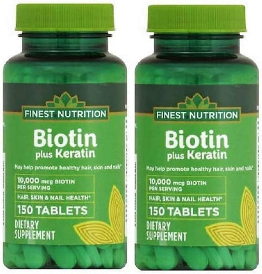 300 Count Finest Nutrition Biotin Plus Keratin - 10,000mcg - 2 Pack