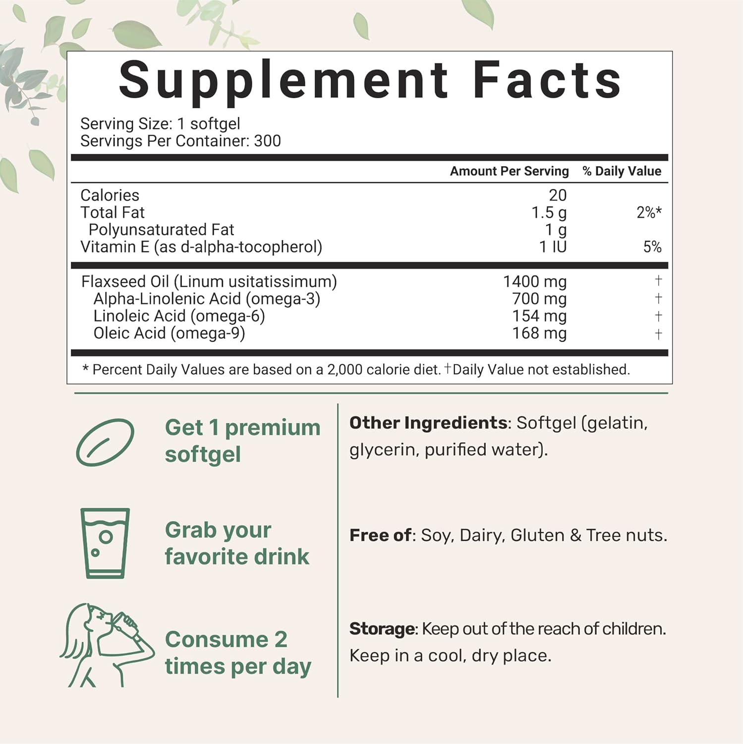 300 Count Flaxseed Oil Softgels with 700mg ALA Omega 3, Cold Pressed, Heart Health Support, Non-GMO, Gluten-Free - 300 Servings