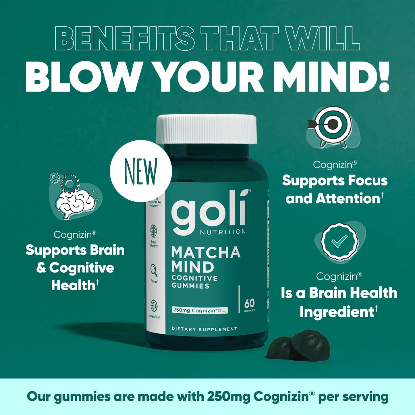 300-Count Goli Matcha Mind Gummies with Cognizin for Focus - Vegan & Non-GMO