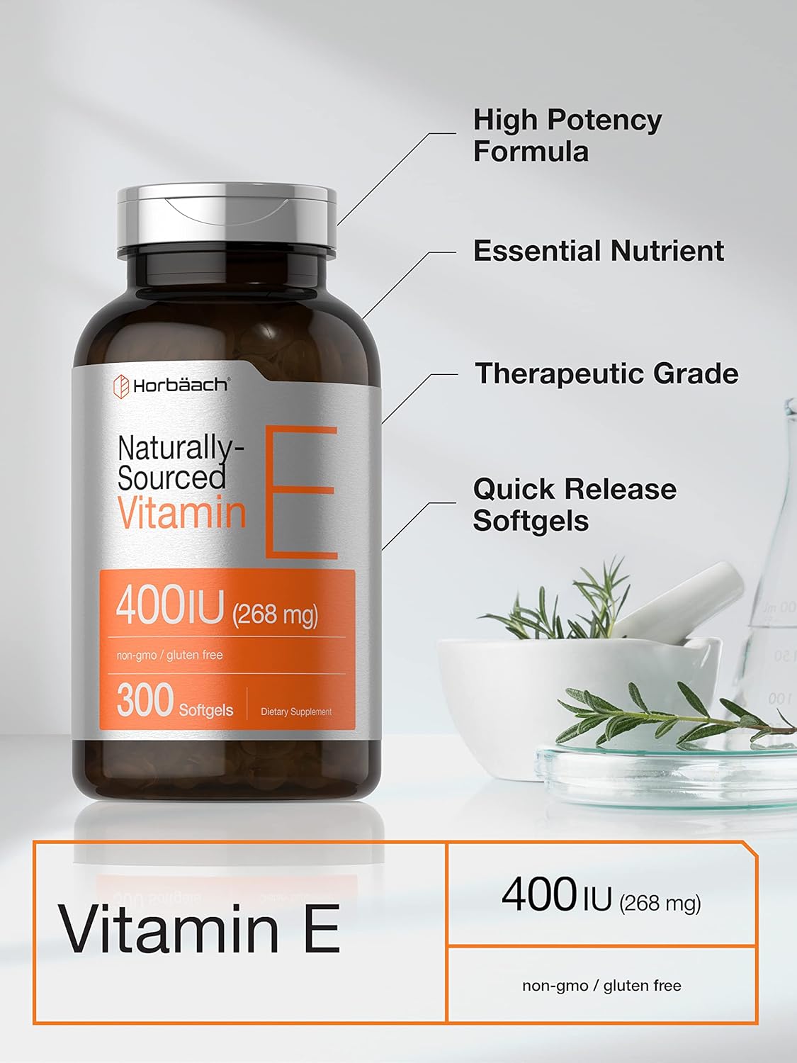 300 Count Horbäach Vitamin E Softgel Capsules - 400 iu, 268mg - Non-GMO, Gluten Free, D-Alpha Tocopherol Formula