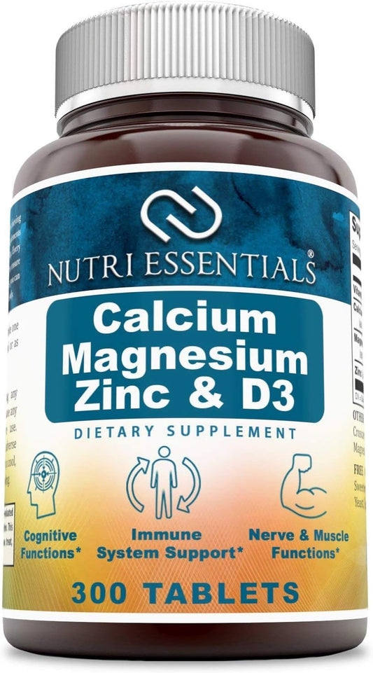 300 Count Nutri Essentials Calcium Magnesium Zinc + Vitamin D3 Tablets for Strong Bones, Teeth, Nerve & Muscle Support