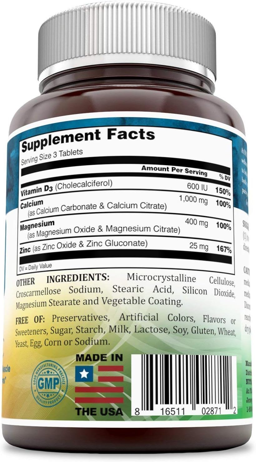 300 Count Nutri Essentials Calcium Magnesium Zinc + Vitamin D3 Tablets for Strong Bones, Teeth, Nerve & Muscle Support