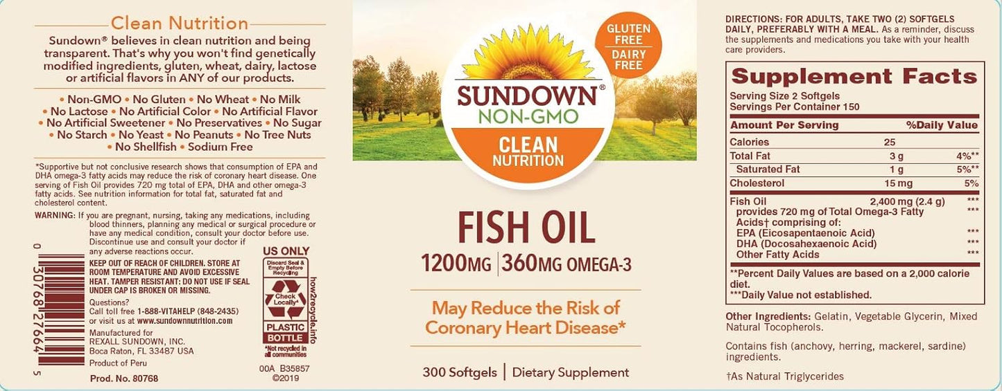 300 Count Sundown Fish Oil Softgels, 1200 mg Omega-3 Dietary Supplement for Heart & Metabolic Health
