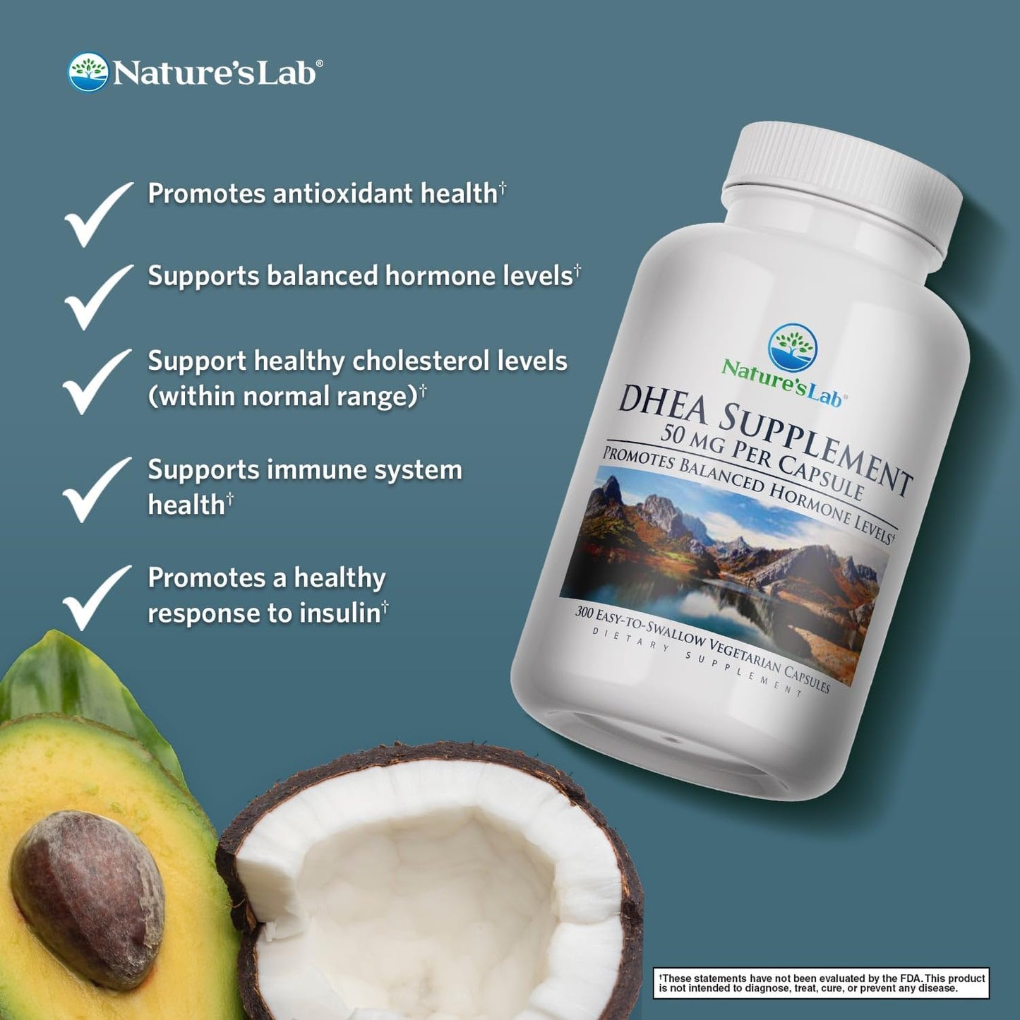 300 Nature's Lab DHEA 50mg Capsules for Balanced Hormone Levels, Energy, Mental Clarity - 10 Month Supply