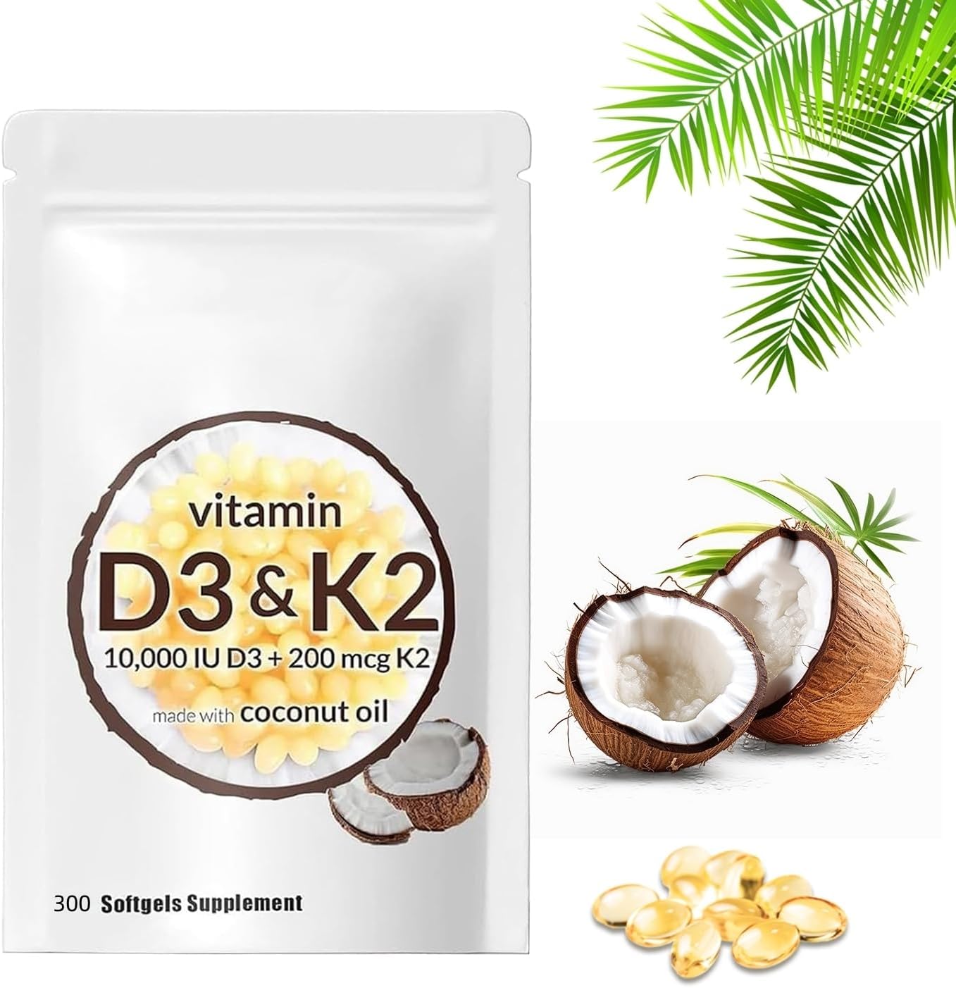 300 Pcs Niratty 2-in-1 Vitamin D3 K2 Softgel for Bone Health and Calcium Absorption - 10000 iu Vitamin D - Supplement