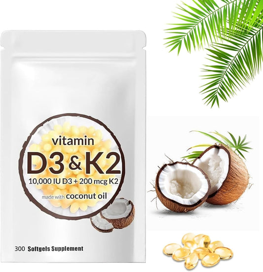 300 Pcs Niratty 2-in-1 Vitamin D3 K2 Softgel for Bone Health and Calcium Absorption - 10000 iu Vitamin D - Supplement