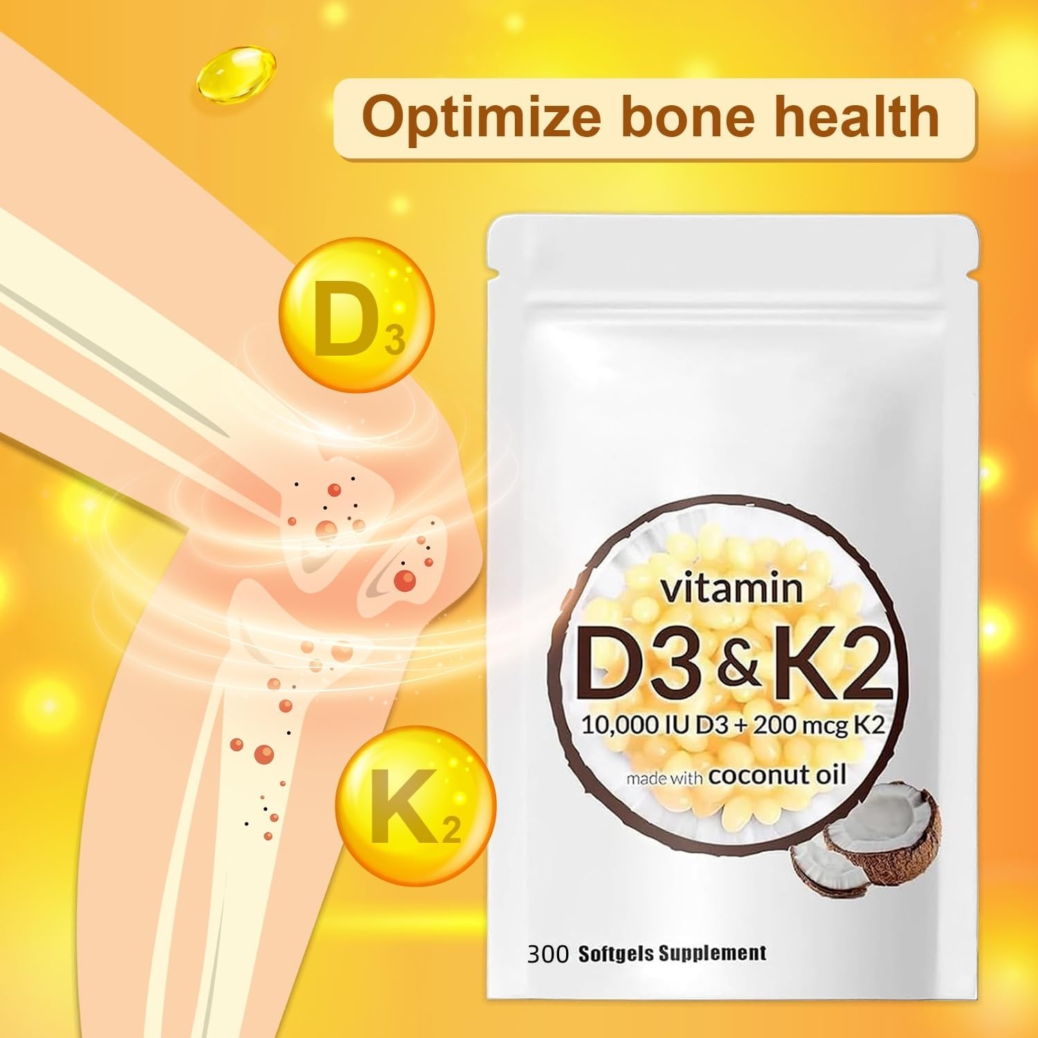 300 Pcs Niratty 2-in-1 Vitamin D3 K2 Softgel for Bone Health and Calcium Absorption - 10000 iu Vitamin D - Supplement