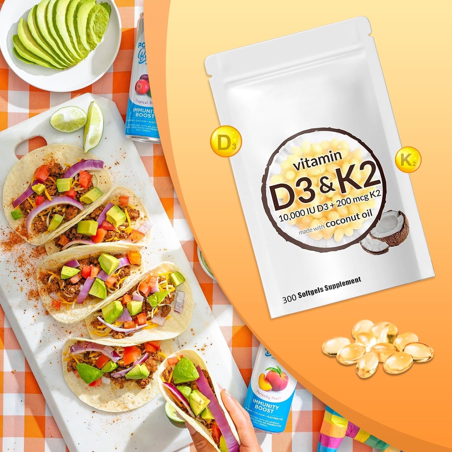 300 Pcs Niratty 2-in-1 Vitamin D3 K2 Softgel for Bone Health and Calcium Absorption - 10000 iu Vitamin D - Supplement