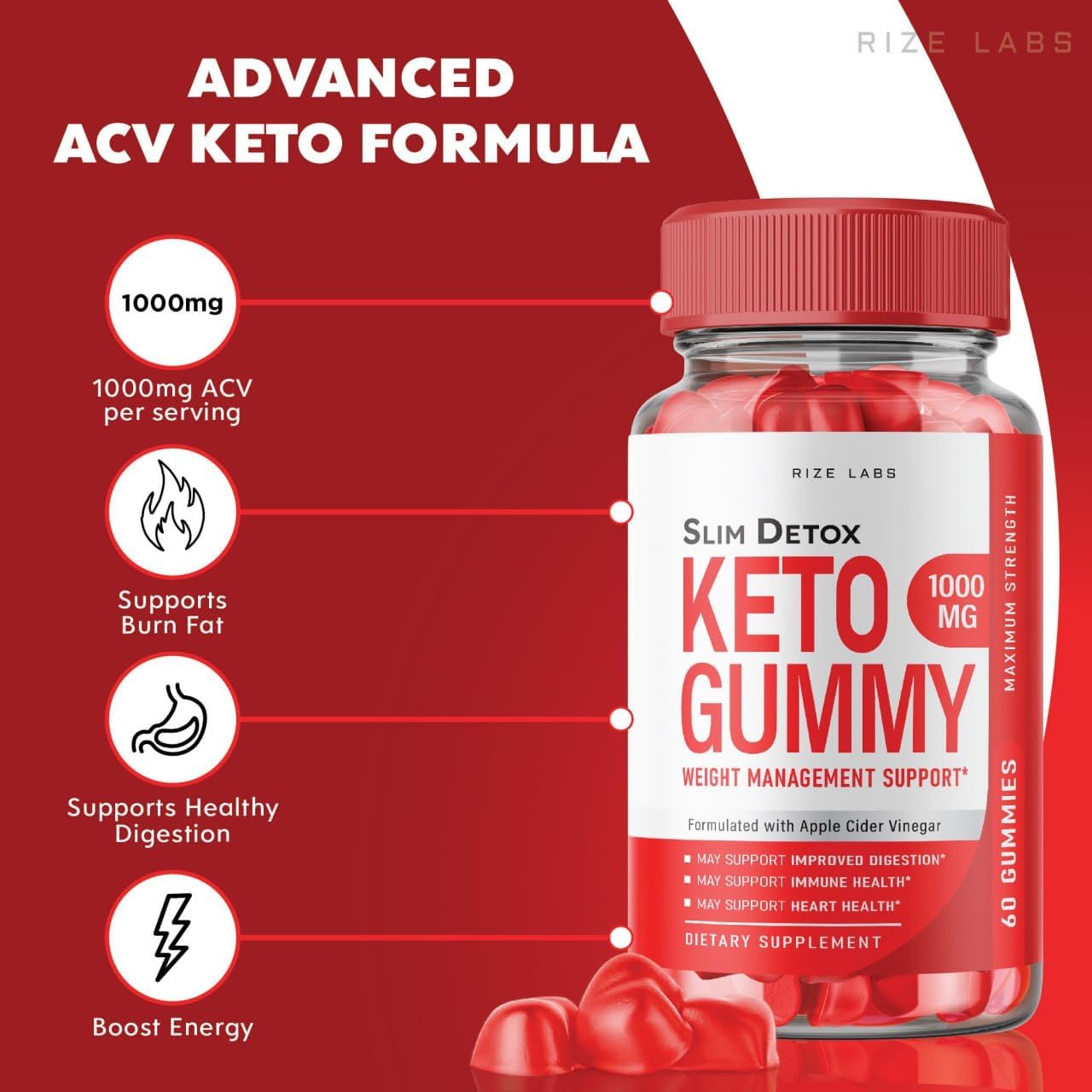 300 Rize Labs Slim Detox Keto ACV Gummies for Advanced Weight Loss with Apple Cider Vinegar - Supports Belly Fat Reduction & Extra Strength