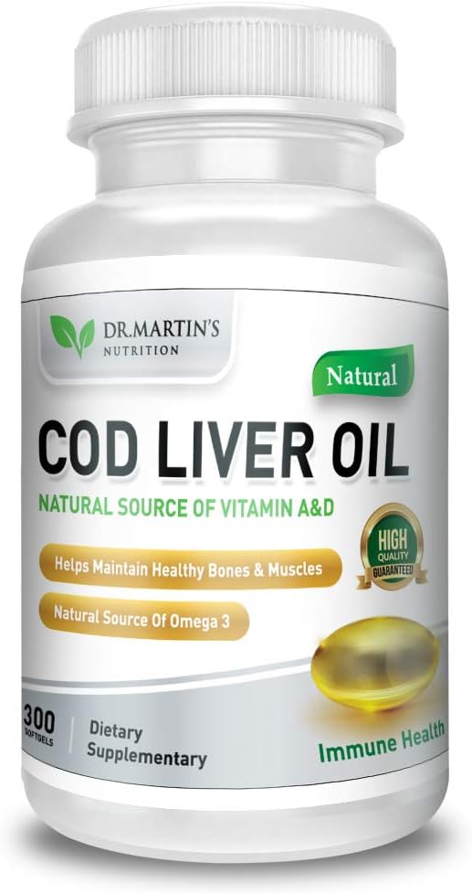 300 Softgels of Dr. Martin's Nutrition Triple Strength Cod Liver Oil Supplement - Natural Omega 3 Source for Immune Health, Bones, and Muscles