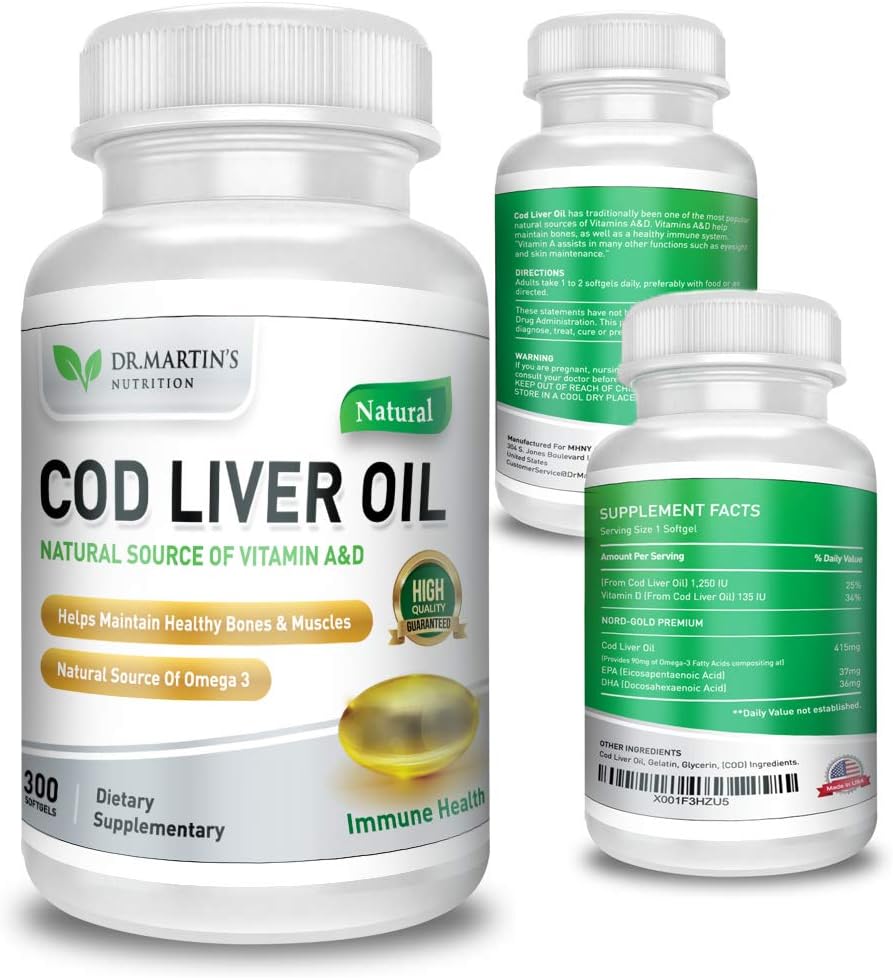 300 Softgels of Dr. Martin's Nutrition Triple Strength Cod Liver Oil Supplement - Natural Omega 3 Source for Immune Health, Bones, and Muscles