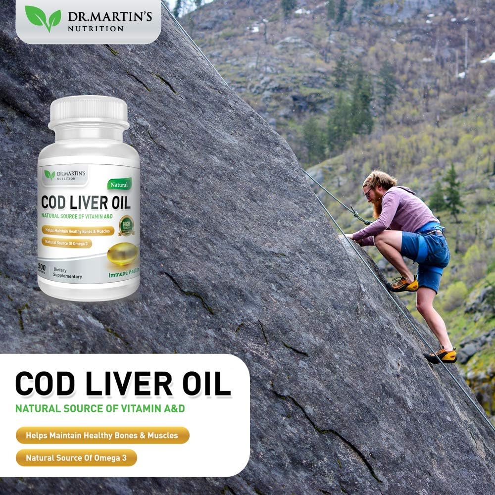 300 Softgels of Dr. Martin's Nutrition Triple Strength Cod Liver Oil Supplement - Natural Omega 3 Source for Immune Health, Bones, and Muscles
