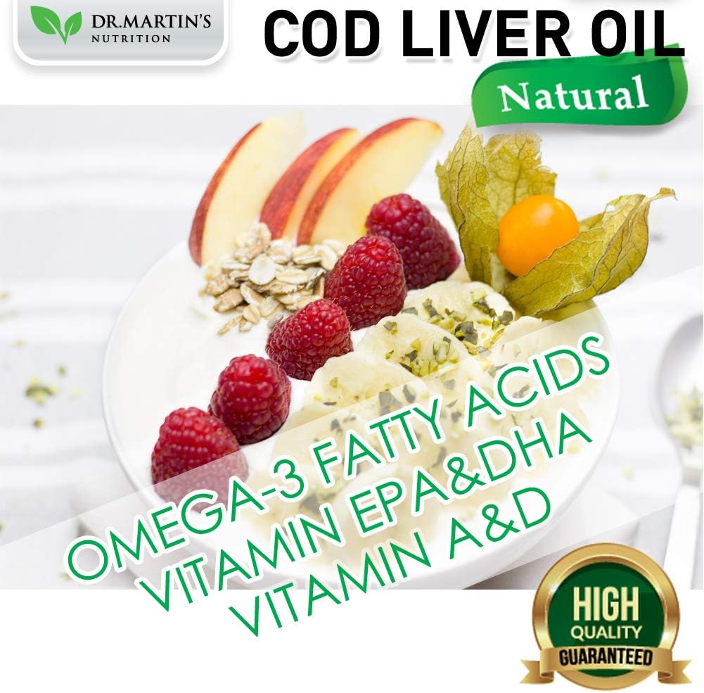 300 Softgels of Dr. Martin's Nutrition Triple Strength Cod Liver Oil Supplement - Natural Omega 3 Source for Immune Health, Bones, and Muscles