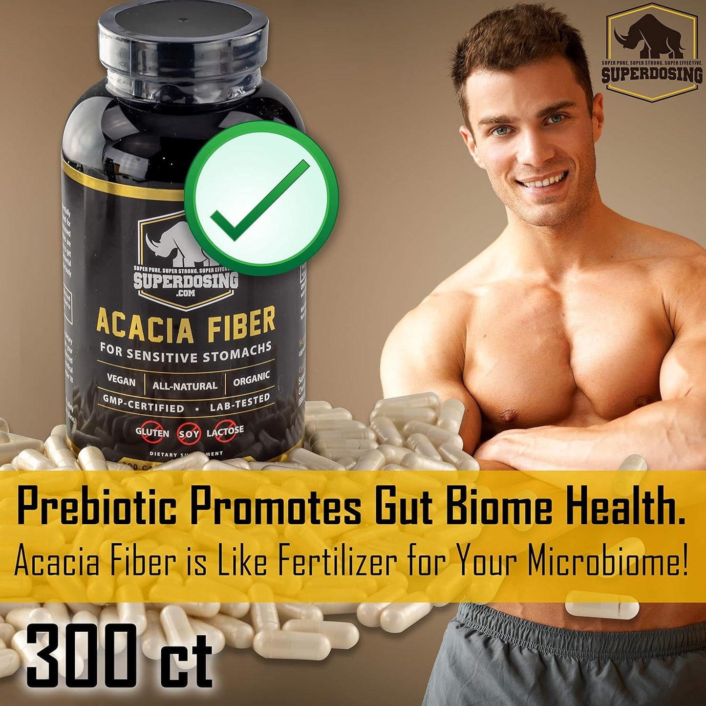 300 SuperDosing Organic Acacia Senegal Fiber Capsules - Fast-Acting Natural Prebiotic Supplement for Vegans