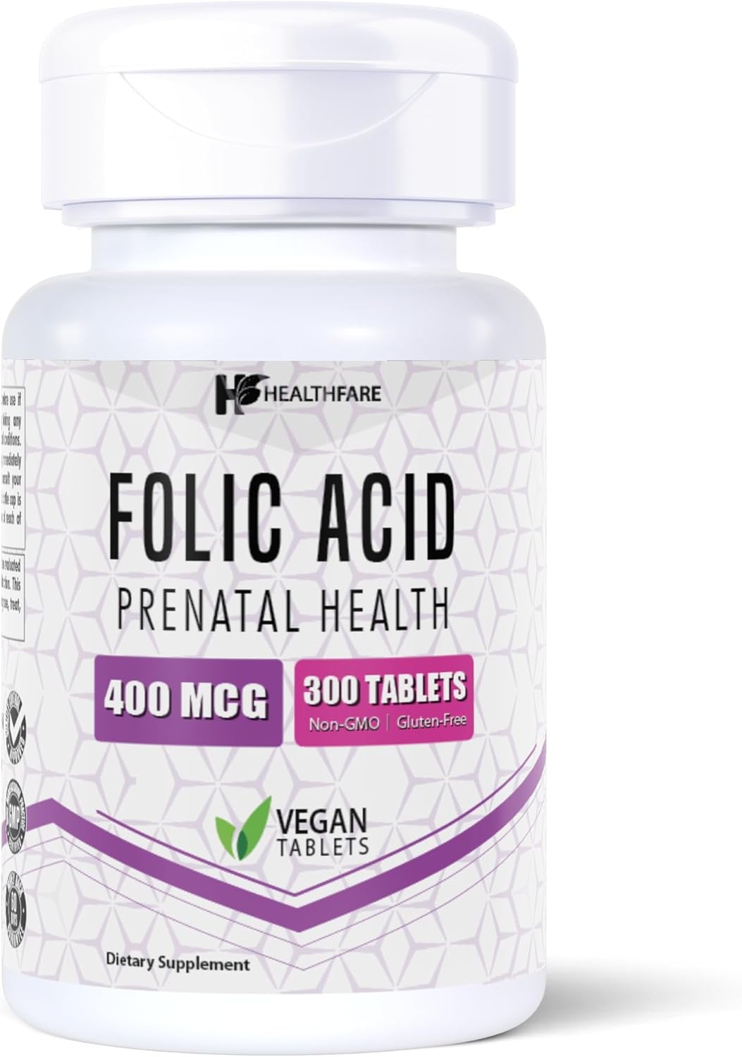 300 Tablets of Healthfare Folic Acid 400mcg Supplement with Folate Vitamin B9 - Gluten-Free & Non-GMO