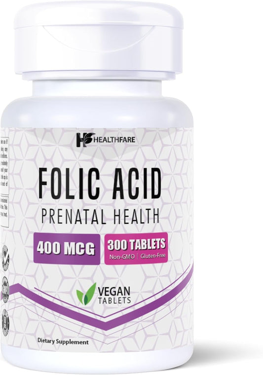 300 Tablets of Healthfare Folic Acid 400mcg Supplement with Folate Vitamin B9 - Gluten-Free & Non-GMO