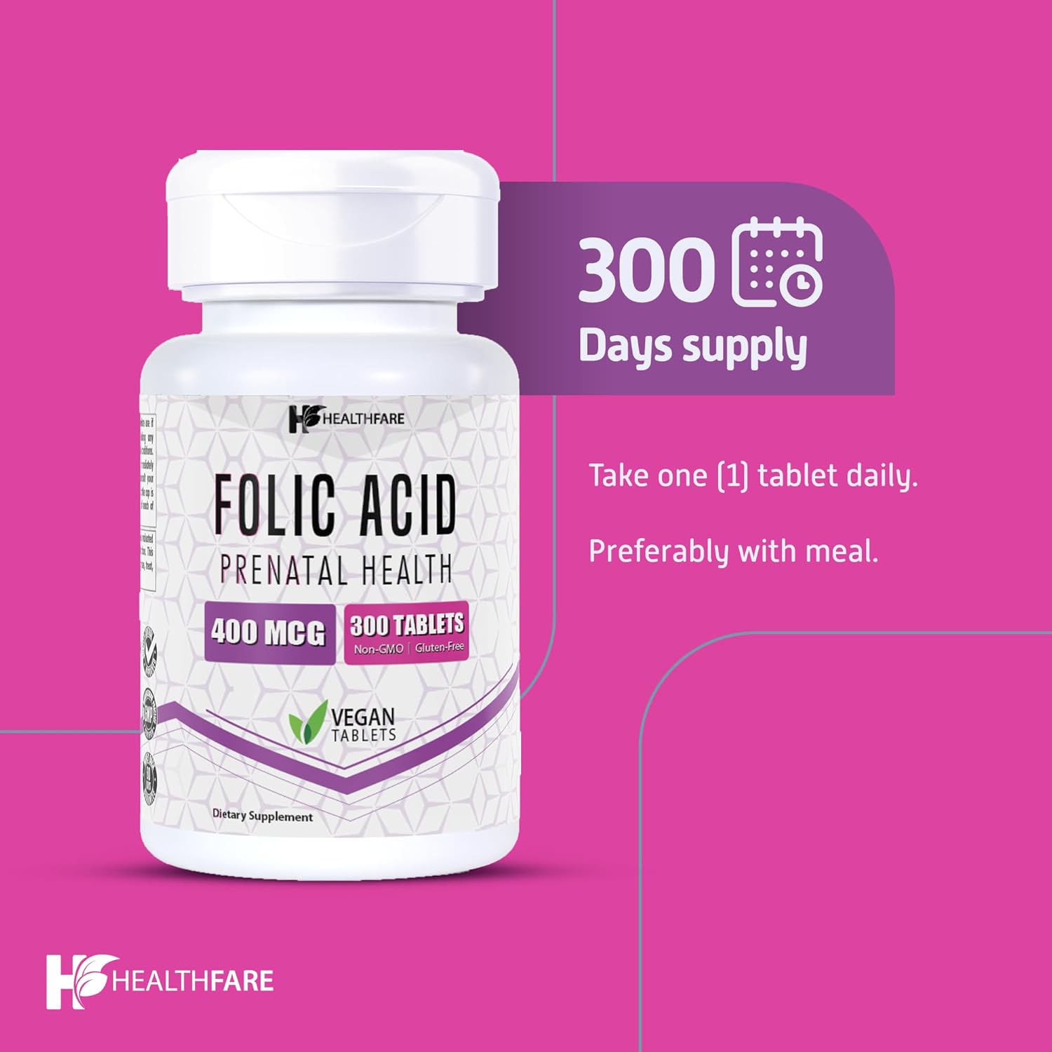 300 Tablets of Healthfare Folic Acid 400mcg Supplement with Folate Vitamin B9 - Gluten-Free & Non-GMO