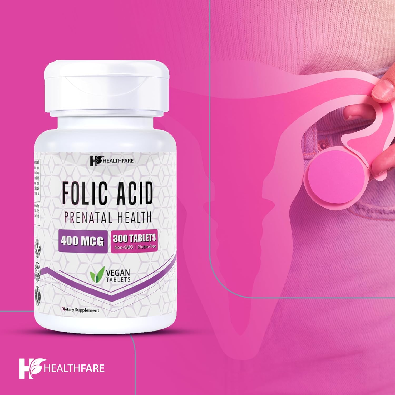 300 Tablets of Healthfare Folic Acid 400mcg Supplement with Folate Vitamin B9 - Gluten-Free & Non-GMO