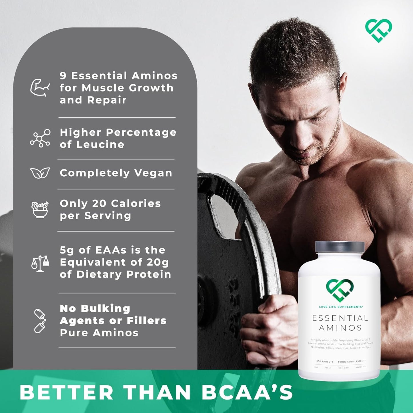 300 Tablets of Love Life Supplements Essential Amino Acids for Muscle Repair and Growth | Vegan-Friendly Formula with 9 EAA Amino Acids incl. BCAA's | High Leucine | 60 Servings