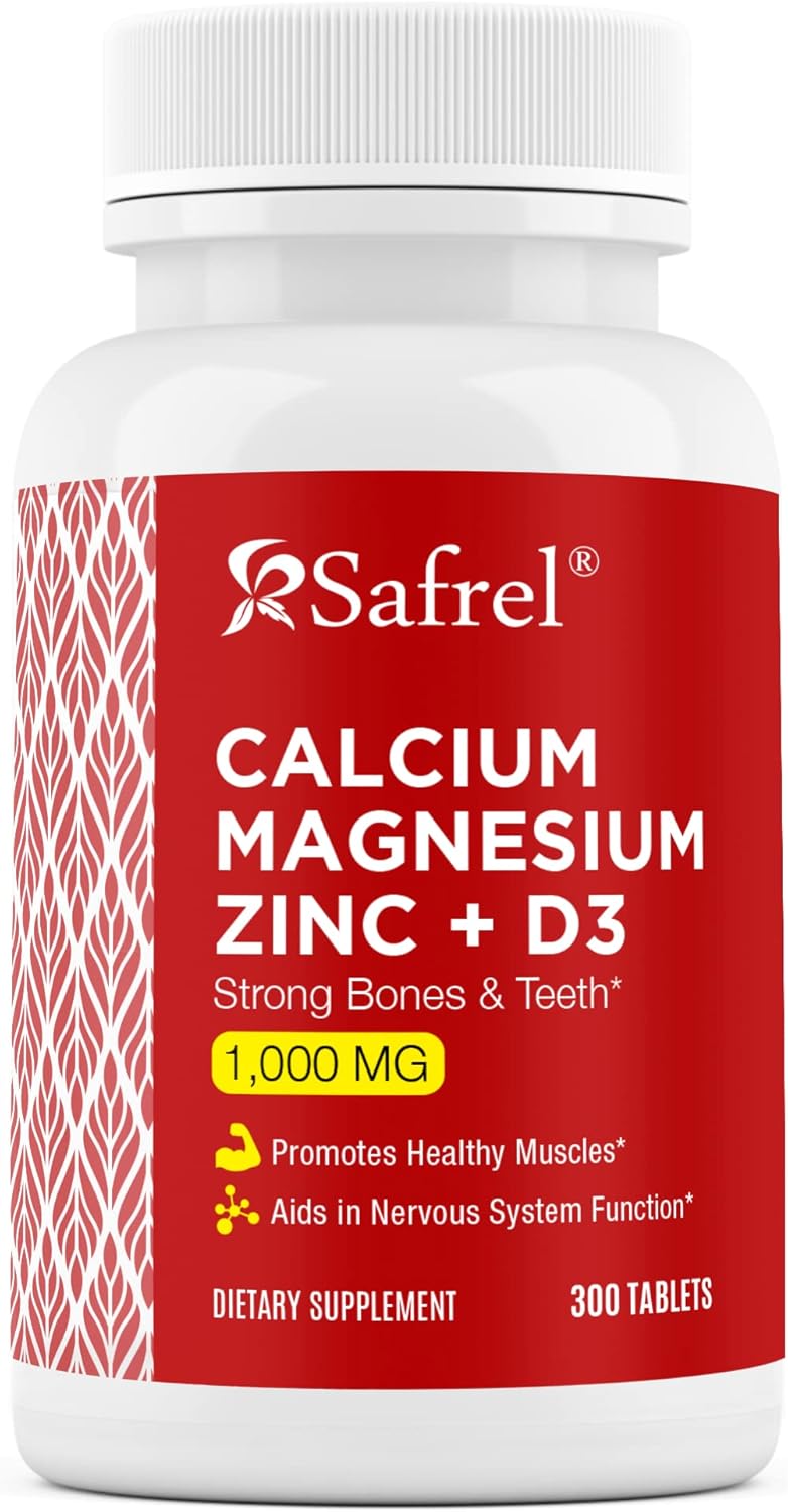 300 Tablets Safrel Calcium Magnesium Zinc with Vitamin D3 - High Potency Formula with 1000mg Calcium, 400mg Magnesium, 20mg Zinc, and 600 IU Vitamin D3