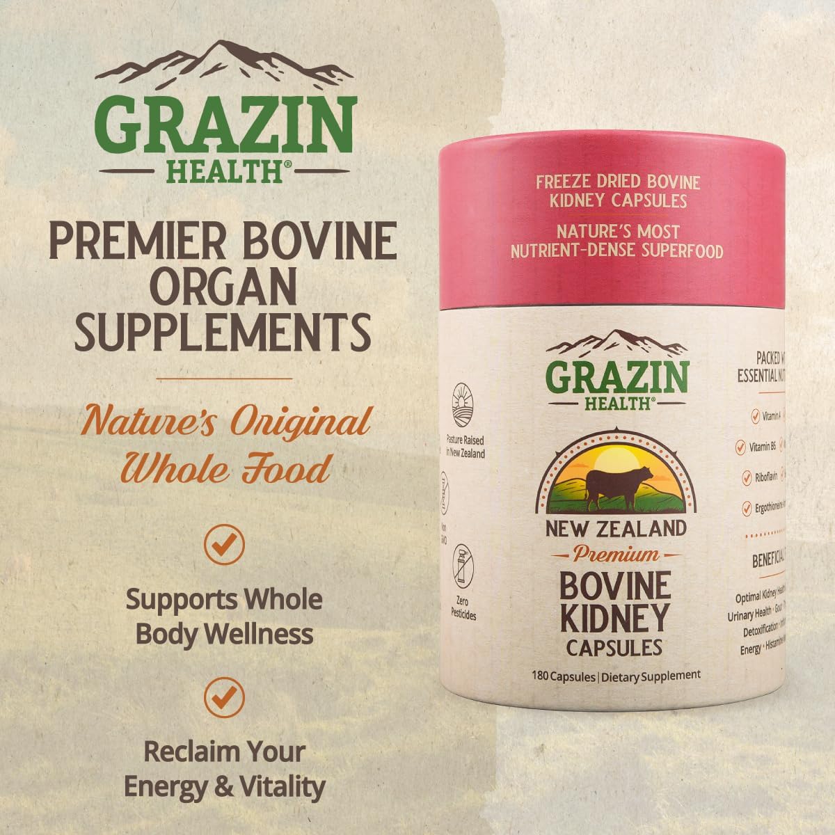 3000 Mg Grass Fed Bovine Kidney Capsules - 30 Servings