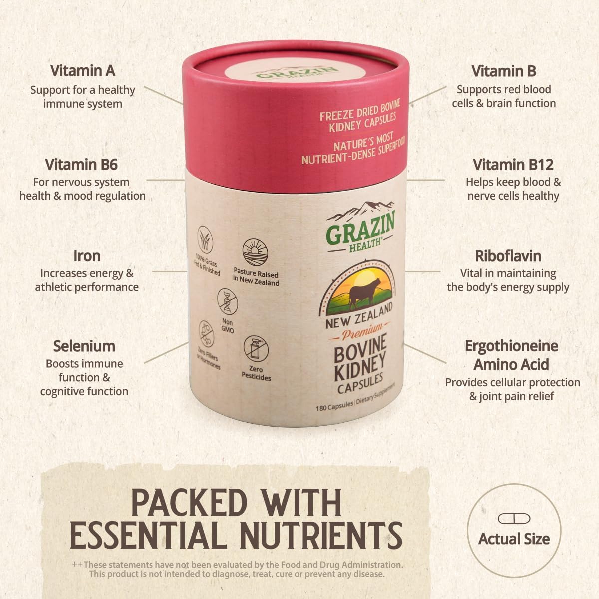 3000 Mg Grass Fed Bovine Kidney Capsules - 30 Servings
