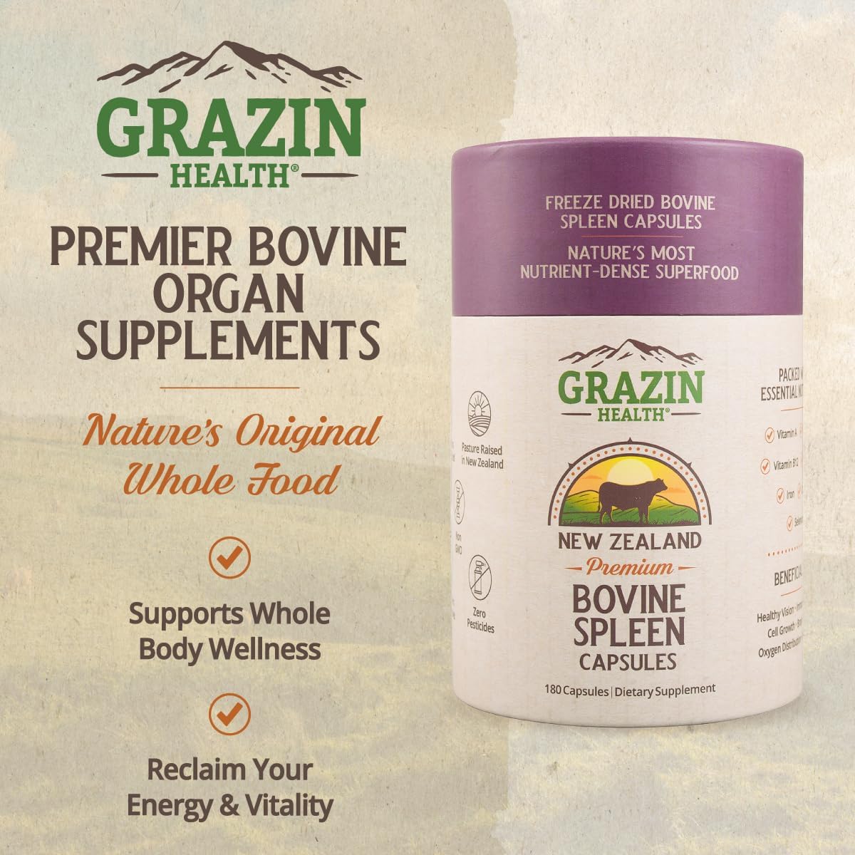 3000 Mg Grass Fed Bovine Spleen Supplement - 30 Servings