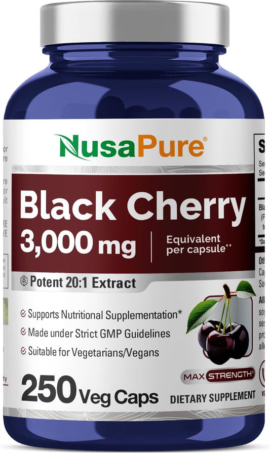 3,000mg Black Cherry Extract Veggie Capsules - Non-GMO, High Potency with Bioperine - 250 Count