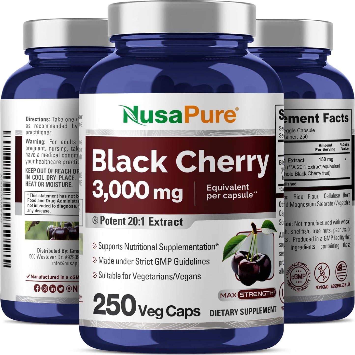 3,000mg Black Cherry Extract Veggie Capsules - Non-GMO, High Potency with Bioperine - 250 Count