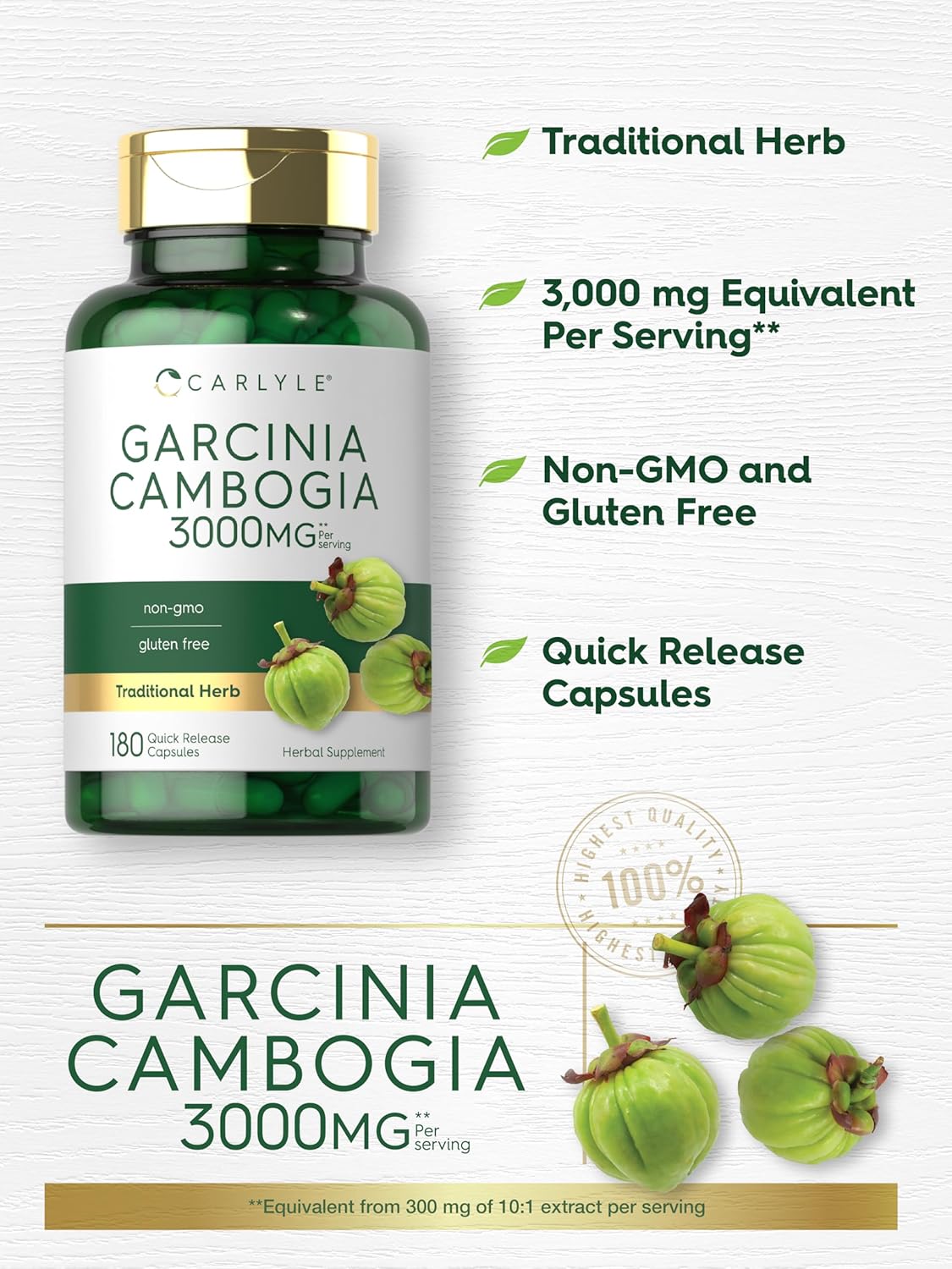 3000mg Carlyle Garcinia Cambogia Extract Capsules - 180 Count - Non-GMO, Gluten Free Supplement