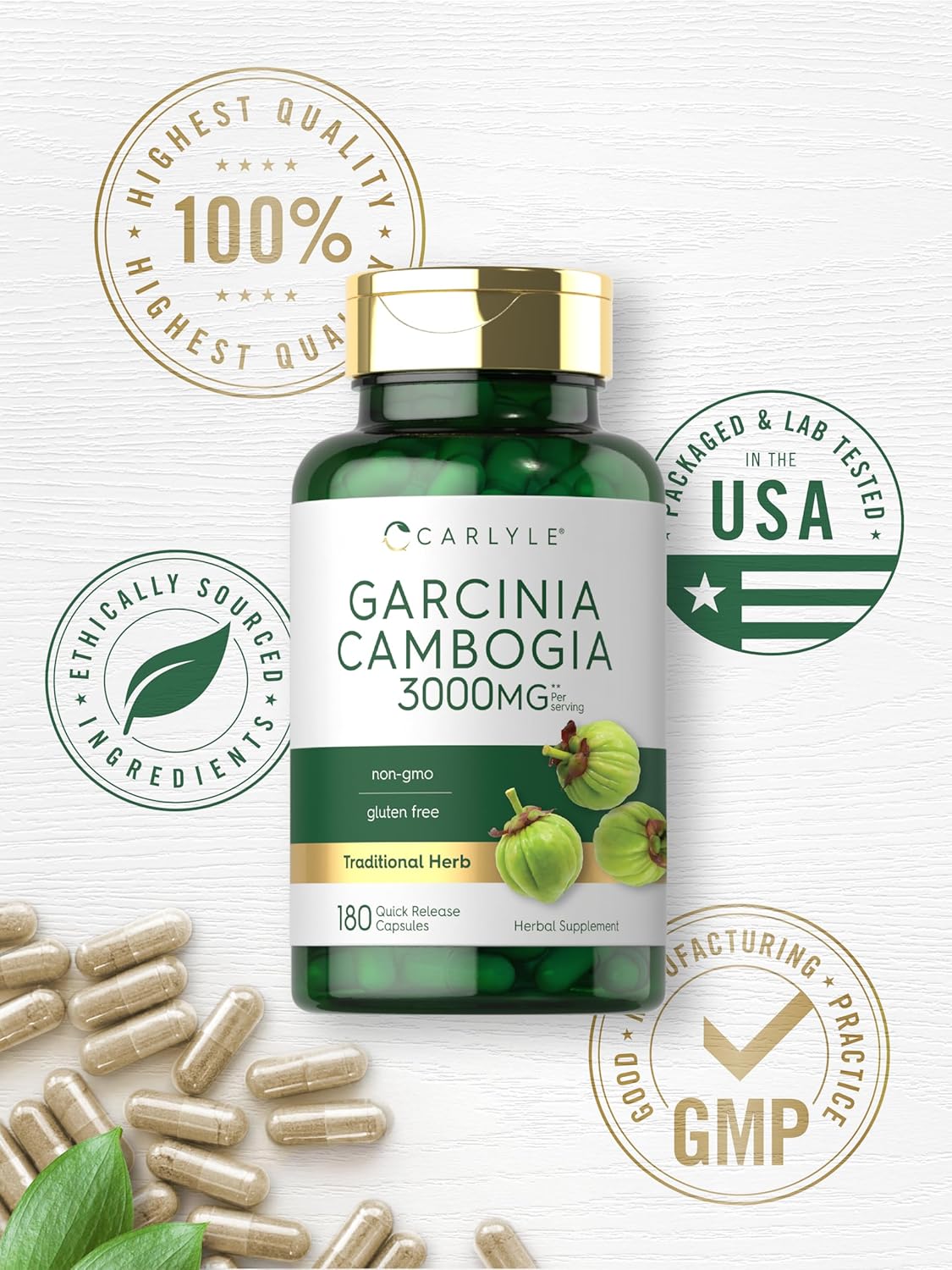 3000mg Carlyle Garcinia Cambogia Extract Capsules - 180 Count - Non-GMO, Gluten Free Supplement