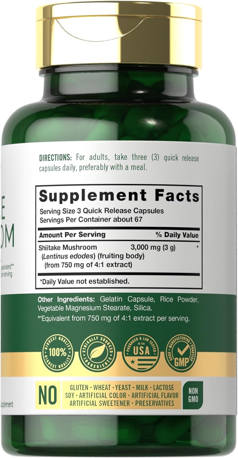 3000mg Carlyle Shiitake Mushroom Extract Capsules - 200 Count | Non-GMO, Gluten Free