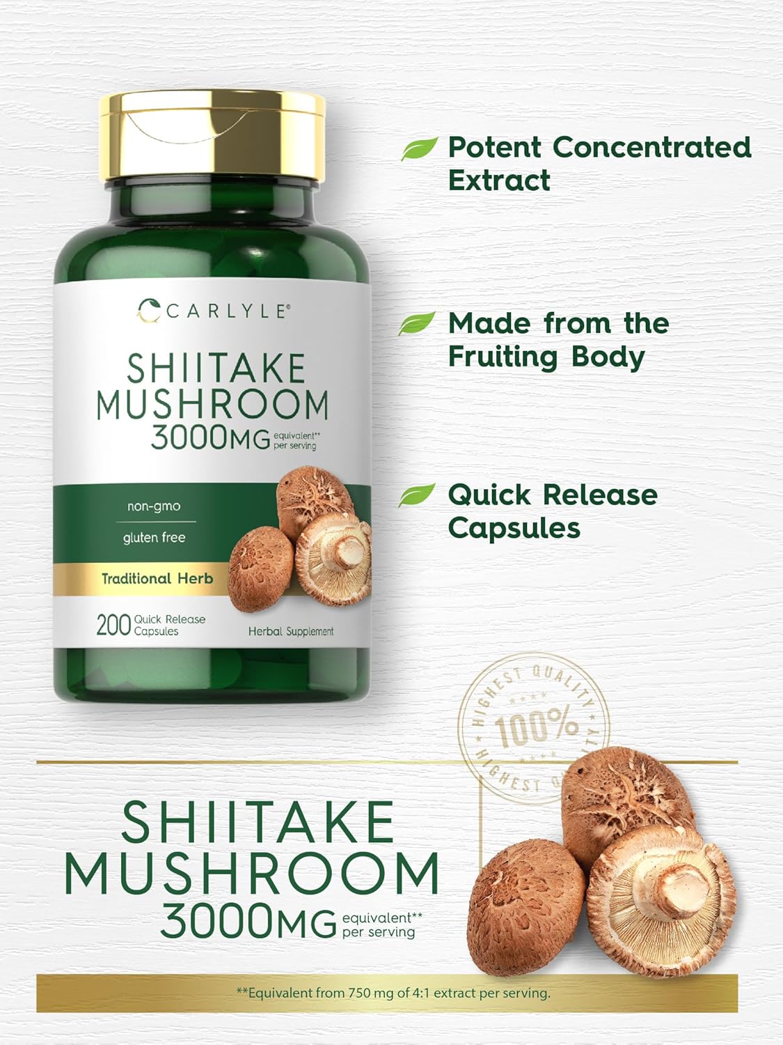 3000mg Carlyle Shiitake Mushroom Extract Capsules - 200 Count | Non-GMO, Gluten Free