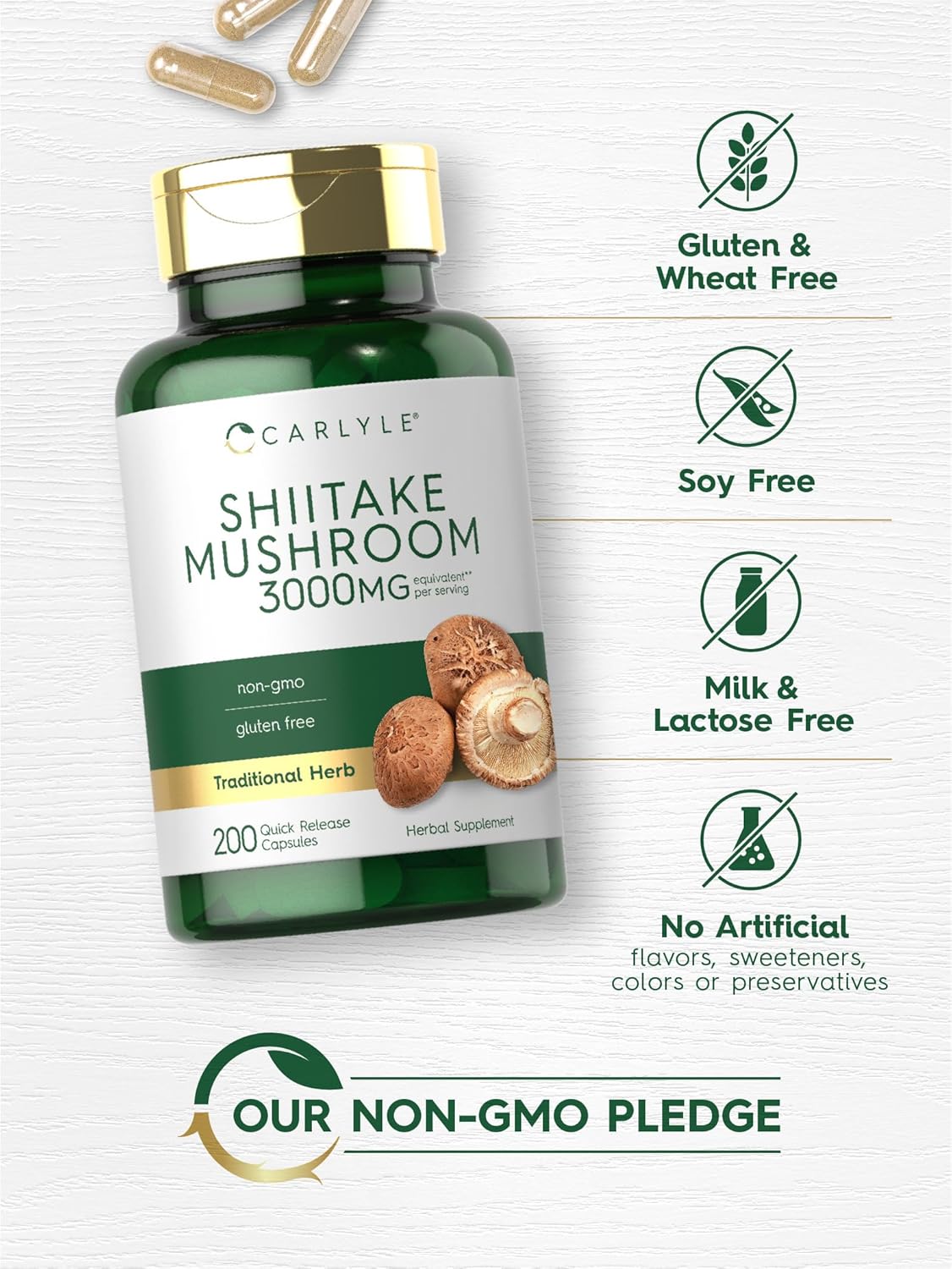 3000mg Carlyle Shiitake Mushroom Extract Capsules - 200 Count | Non-GMO, Gluten Free