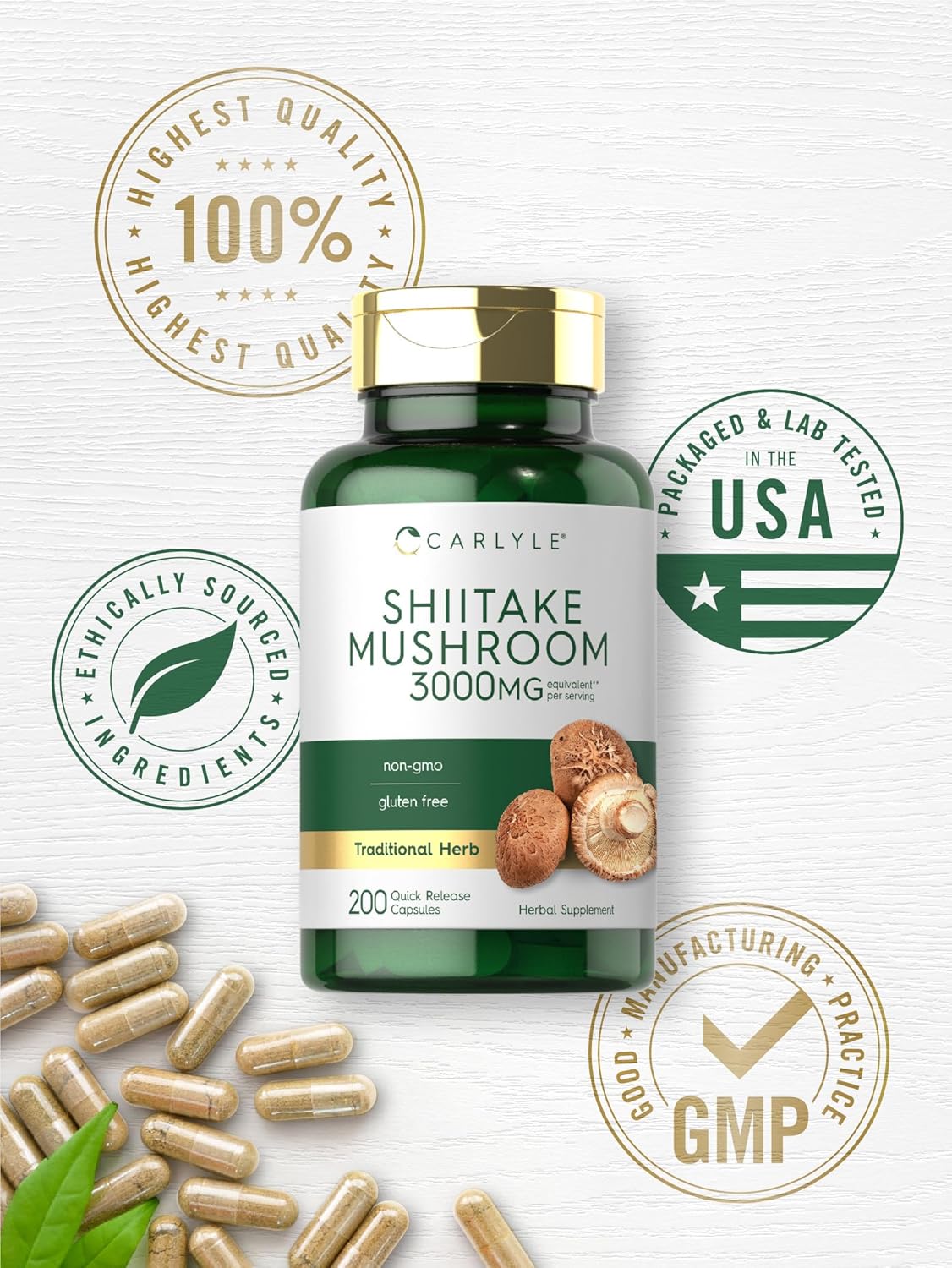 3000mg Carlyle Shiitake Mushroom Extract Capsules - 200 Count | Non-GMO, Gluten Free