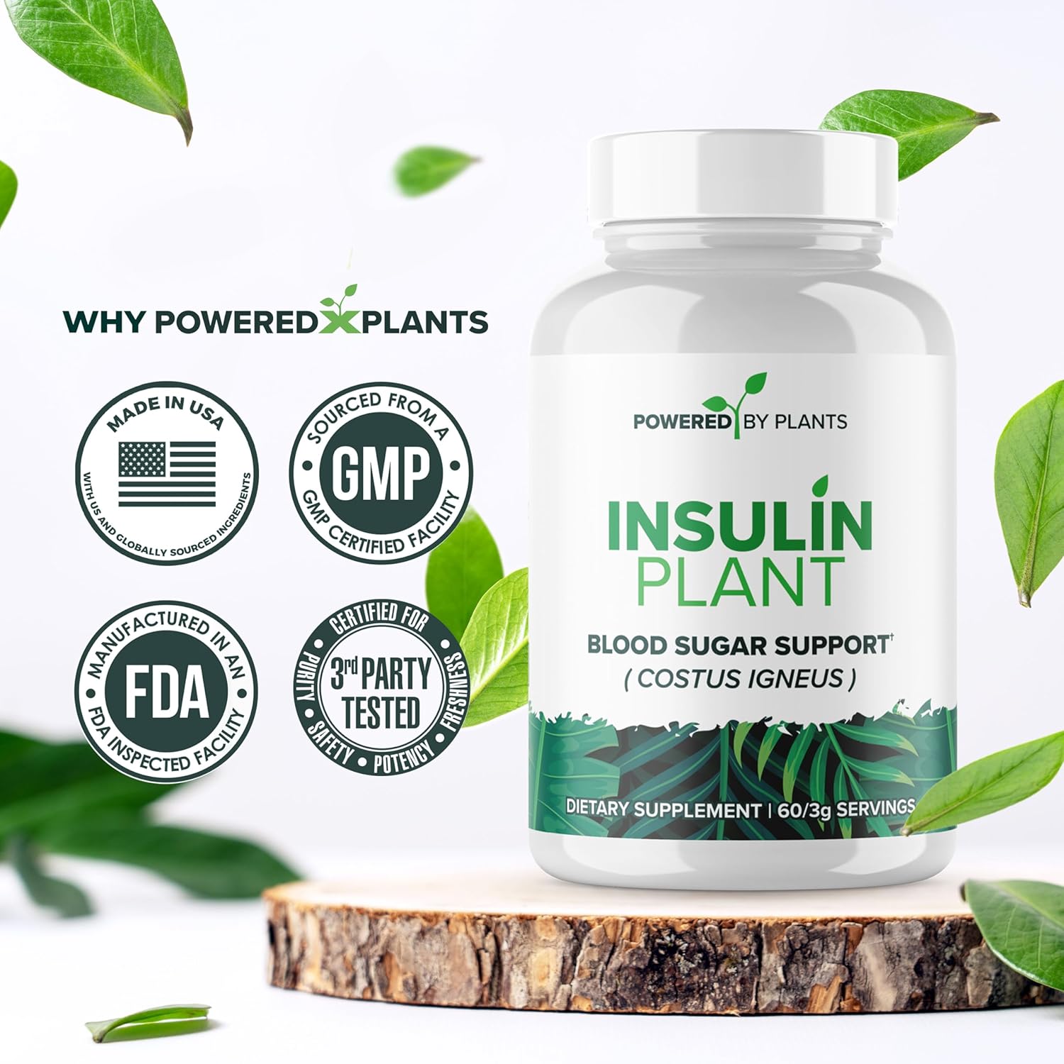 3000mg Costus Igneus Leaf Powder Capsules by Powered X Plants - Vegan Non GMO Insulin Plant Supplements - Gluten Free - 240 Capsules for Women & Men