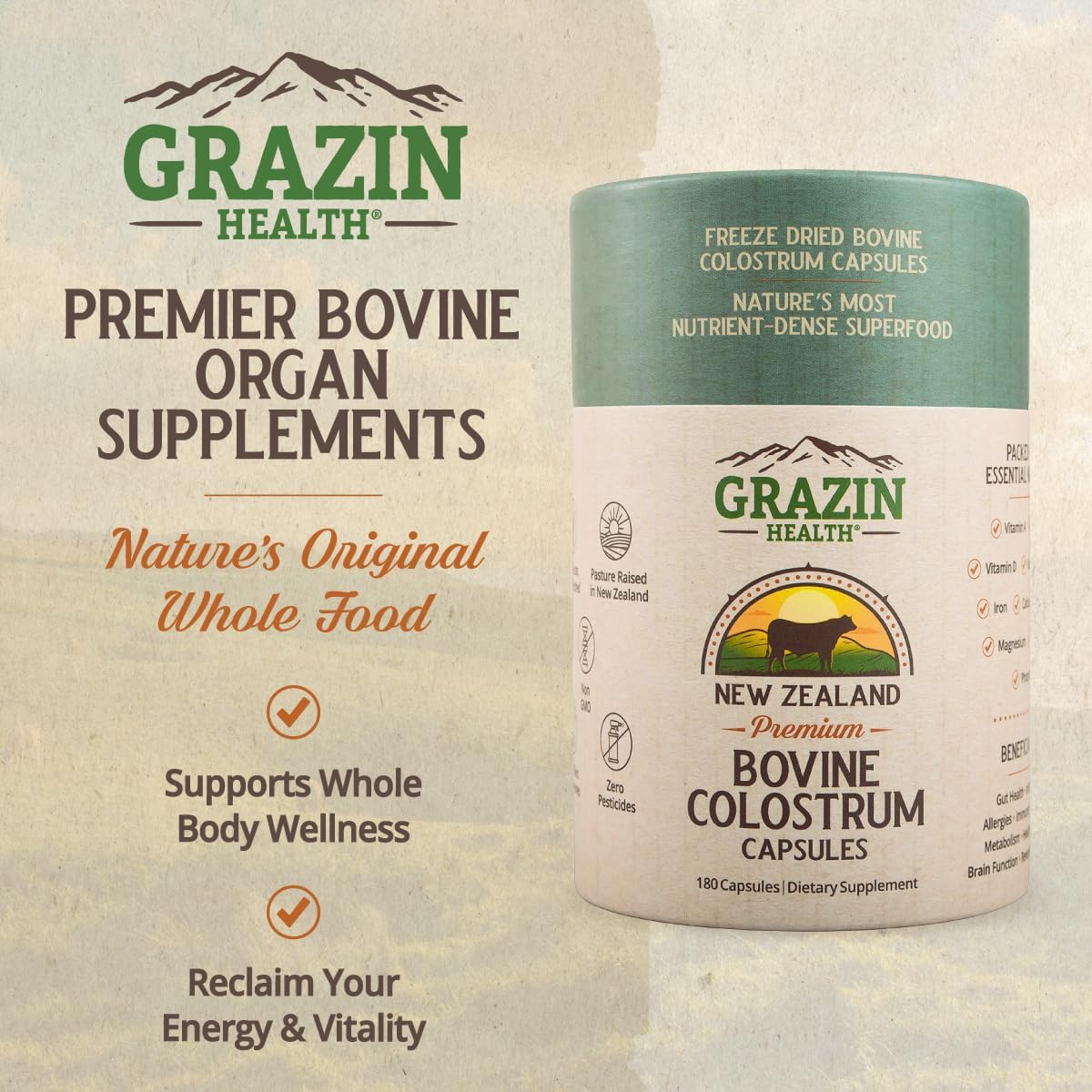 3000mg Grass Fed Bovine Colostrum Capsules - 30 Servings