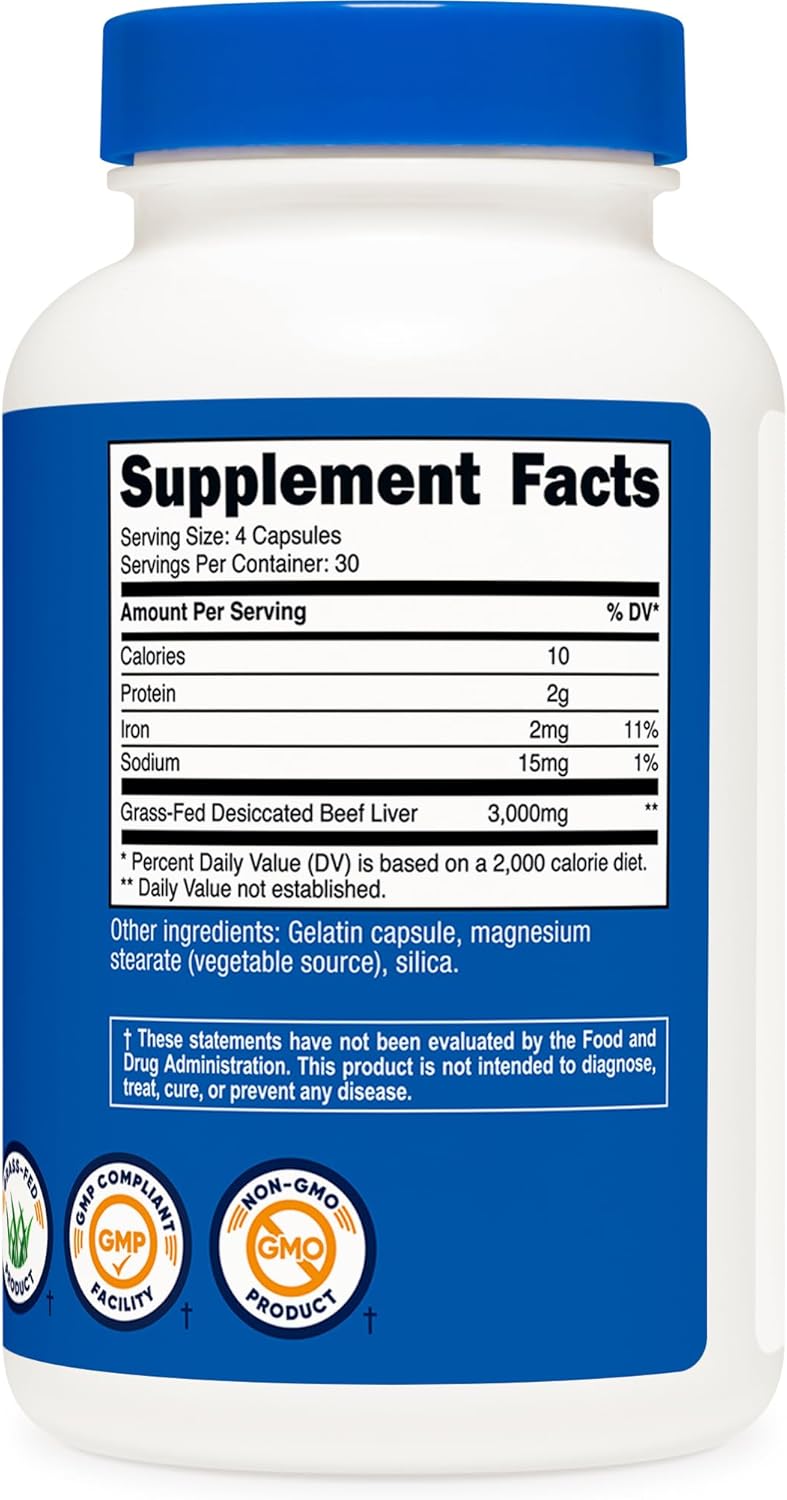 3000mg Grass Fed Desiccated Beef Liver Capsules - 120 Capsules, Non-GMO, Gluten Free, Pasture-Raised Beef