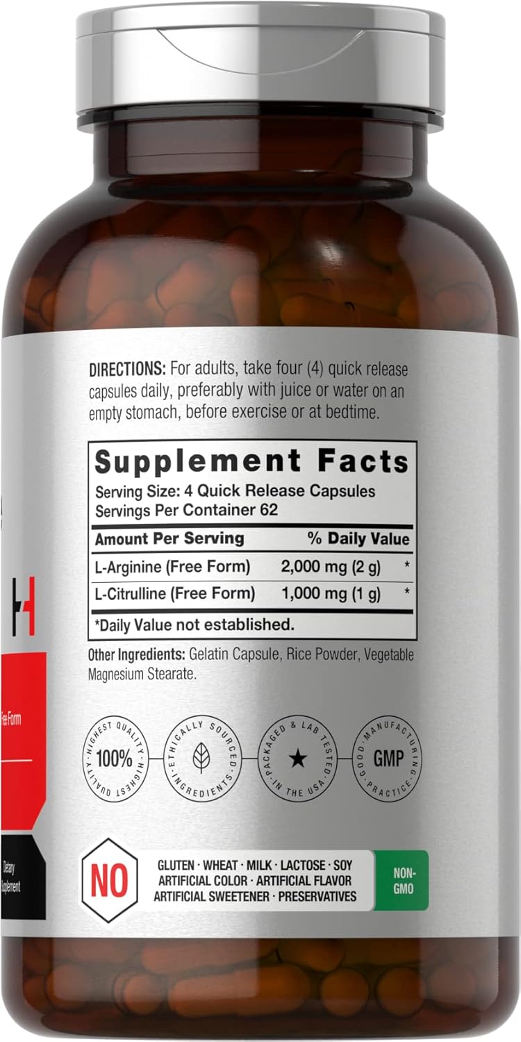 3000mg L-Arginine L-Citrulline Complex Capsules - 250 Count - Non-GMO, Gluten Free