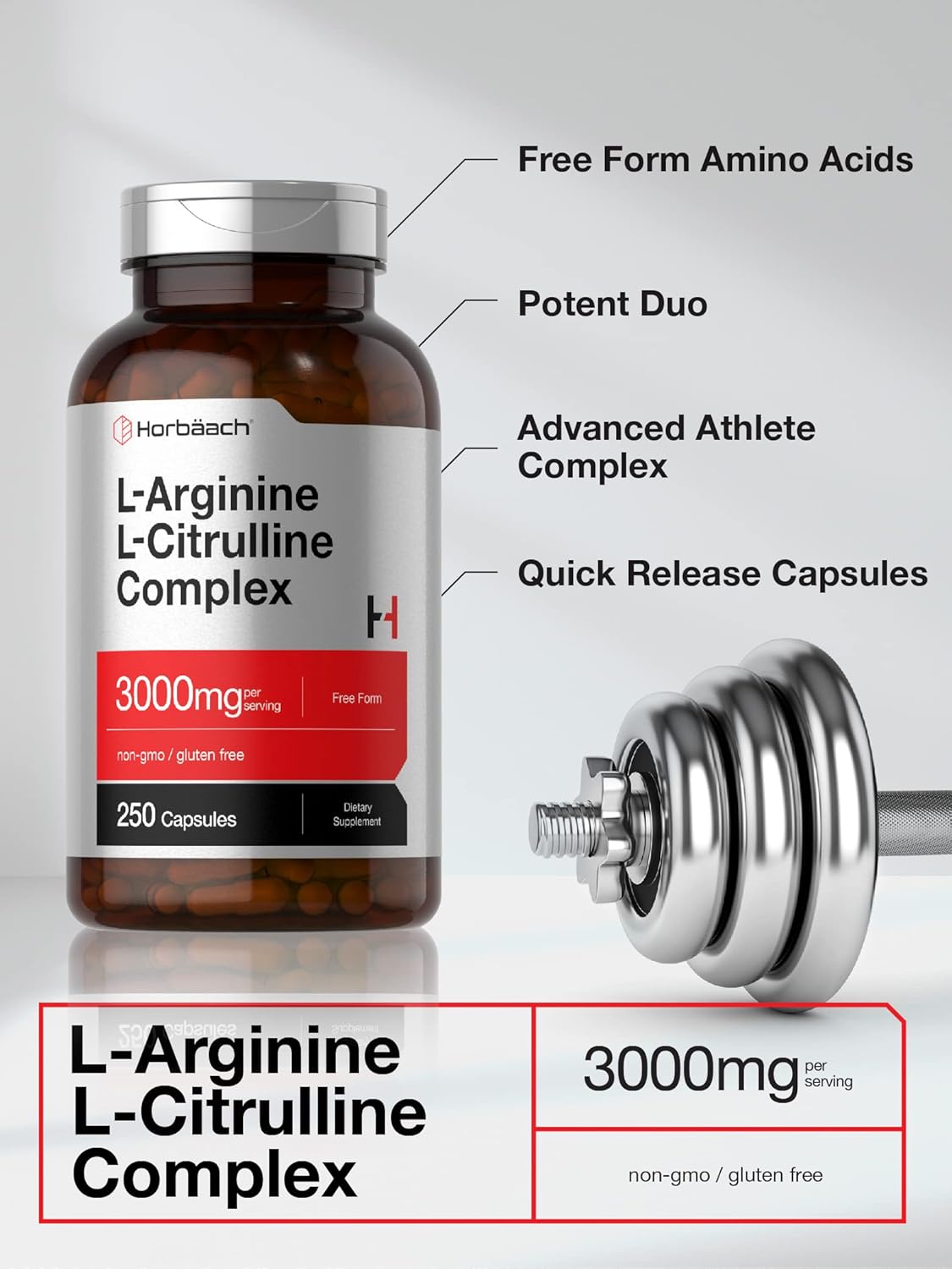 3000mg L-Arginine L-Citrulline Complex Capsules - 250 Count - Non-GMO, Gluten Free