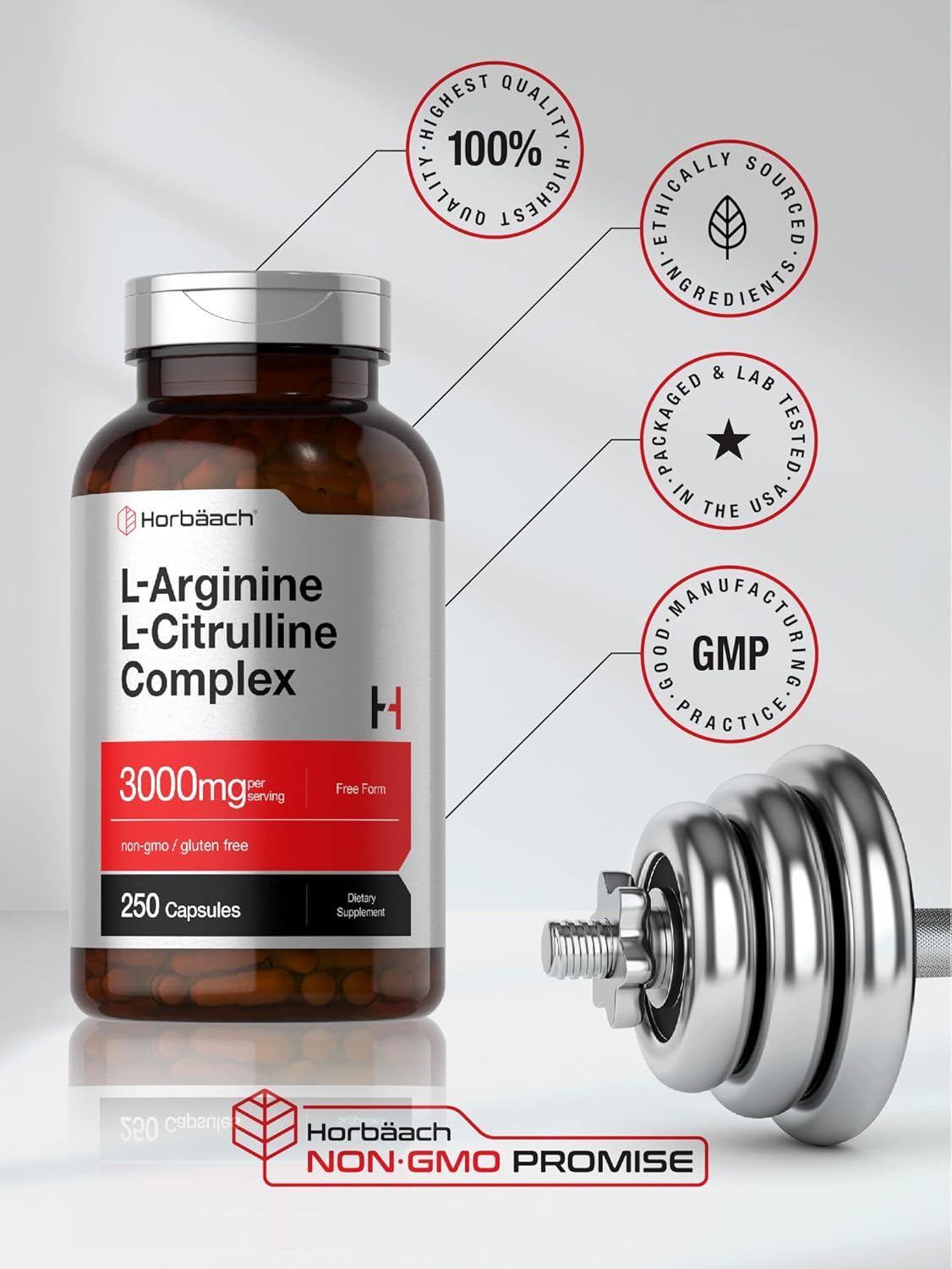 3000mg L-Arginine L-Citrulline Complex Capsules - 250 Count - Non-GMO, Gluten Free