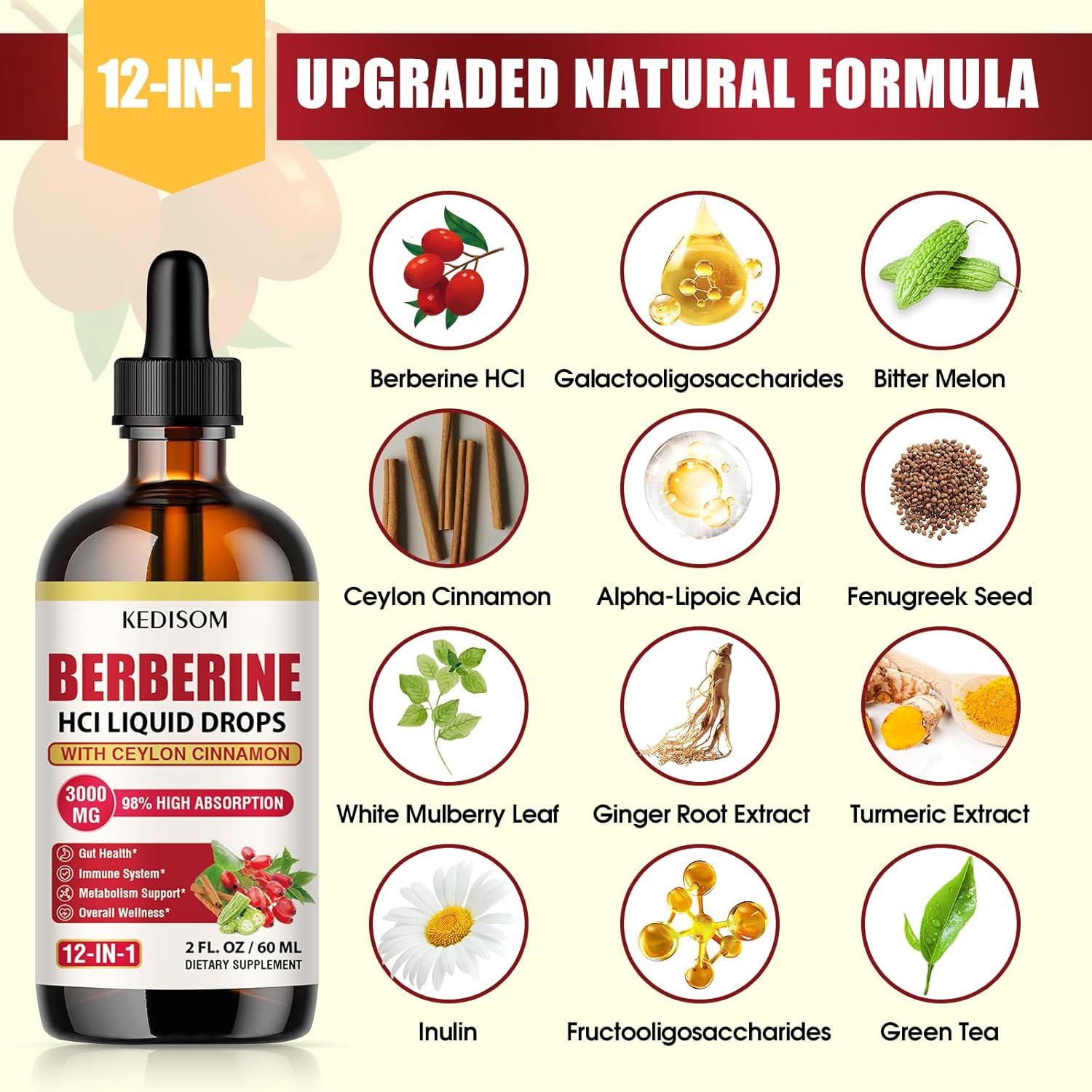 3000mg Liposomal Berberine Liquid Drops with Cinnamon & Turmeric for Metabolism, Gut Balance, Immunity, Heart - 2 Fl Oz