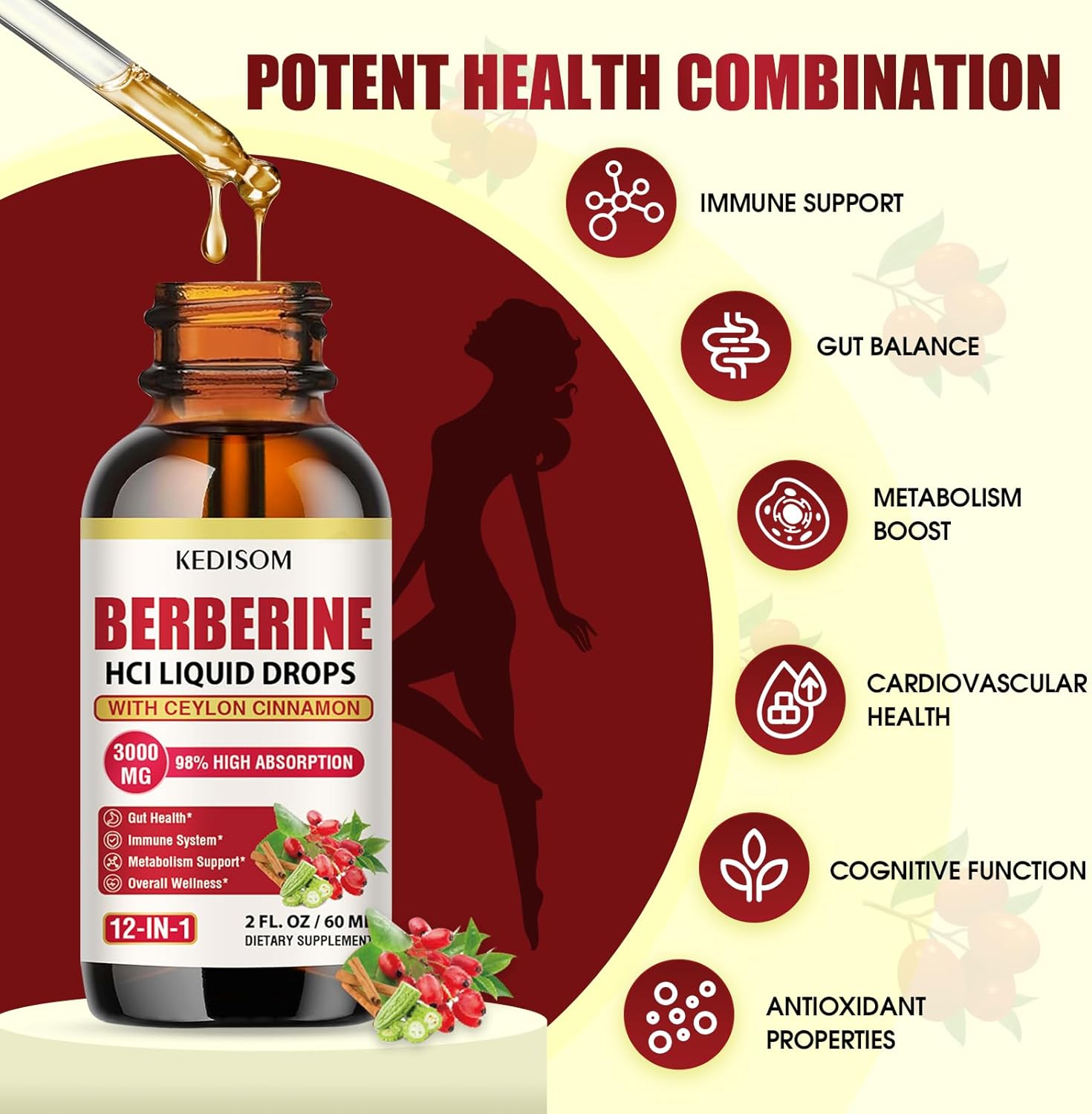 3000mg Liposomal Berberine Liquid Drops with Cinnamon & Turmeric for Metabolism, Gut Balance, Immunity, Heart - 2 Fl Oz