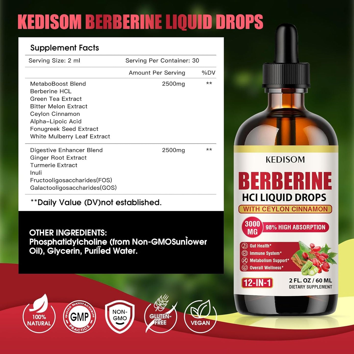 3000mg Liposomal Berberine Liquid Drops with Cinnamon & Turmeric for Metabolism, Gut Balance, Immunity, Heart - 2 Fl Oz