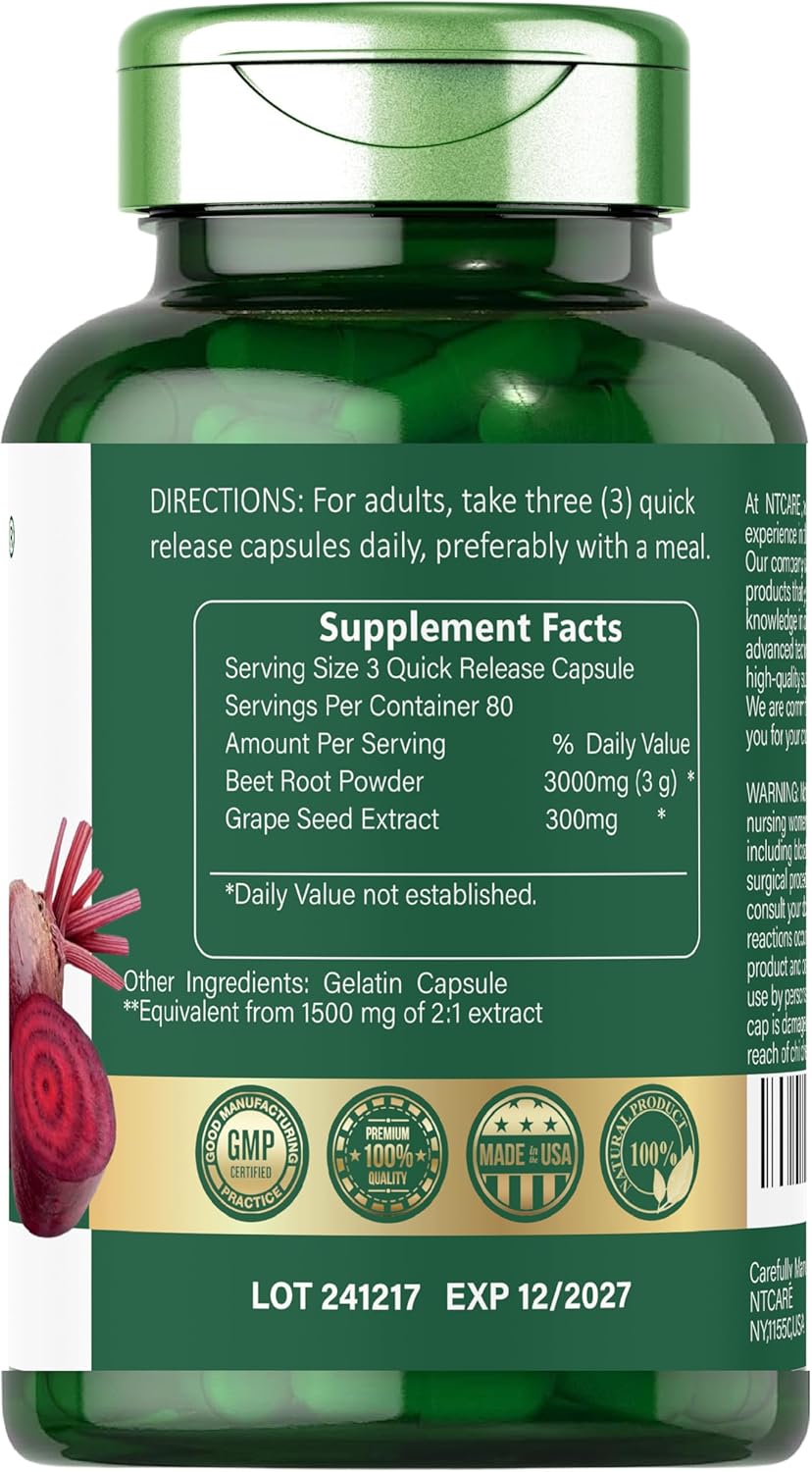 3000mg NTCARE Beet Root Complex - 240 Quick Release Capsules, Gluten Free, Non-GMO