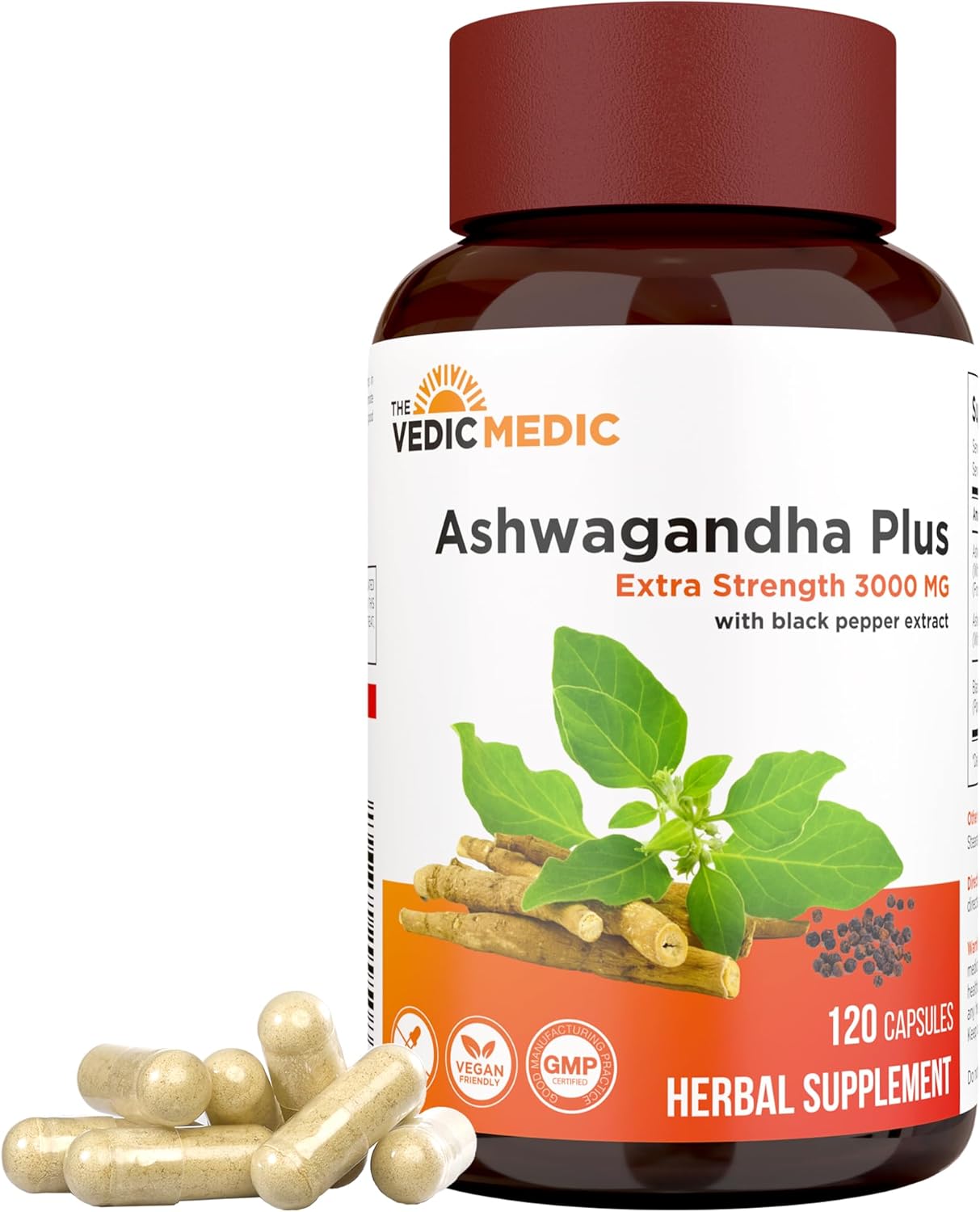 3000mg Organic Ashwagandha Capsules with Black Pepper Extract - Stress Relief, Mood Enhancer, Energy Support - Vegan and Gluten Free - 120 Count