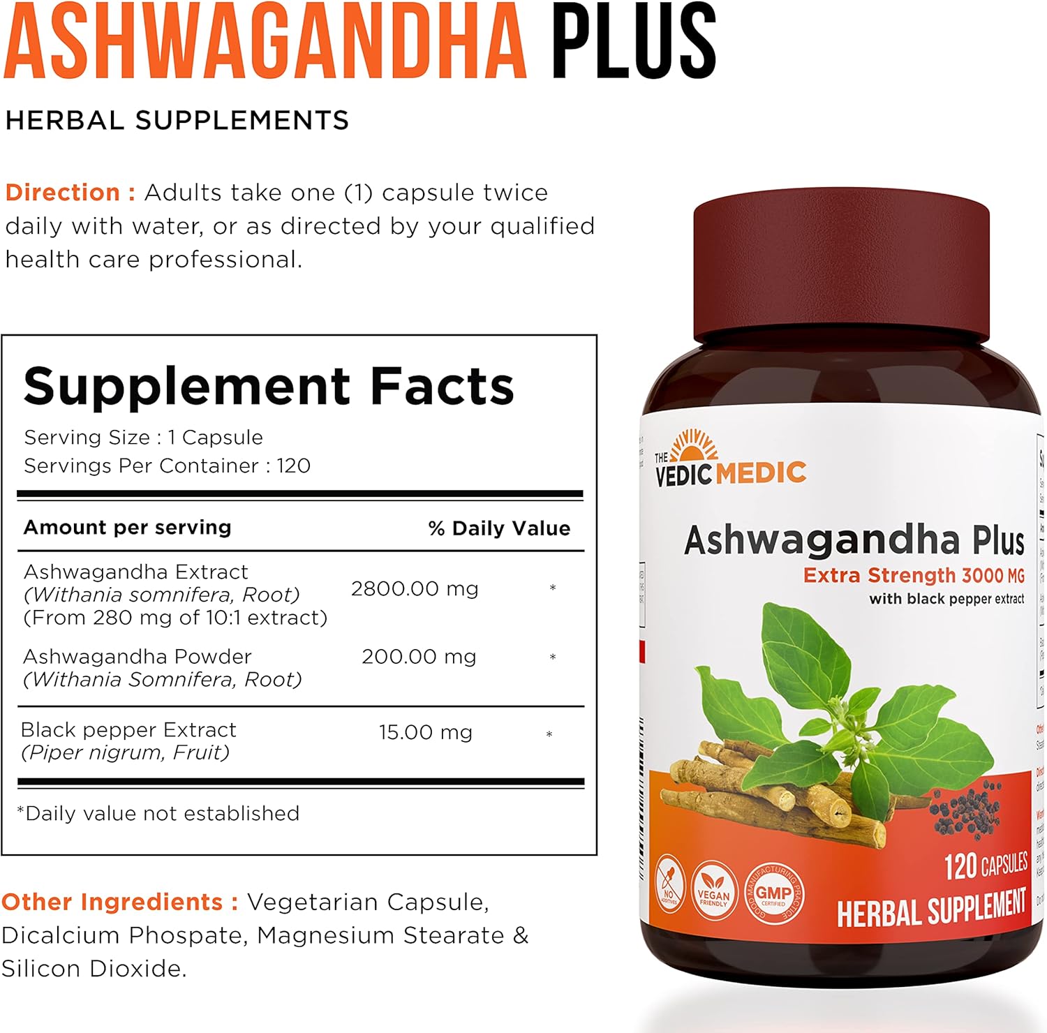3000mg Organic Ashwagandha Capsules with Black Pepper Extract - Stress Relief, Mood Enhancer, Energy Support - Vegan and Gluten Free - 120 Count